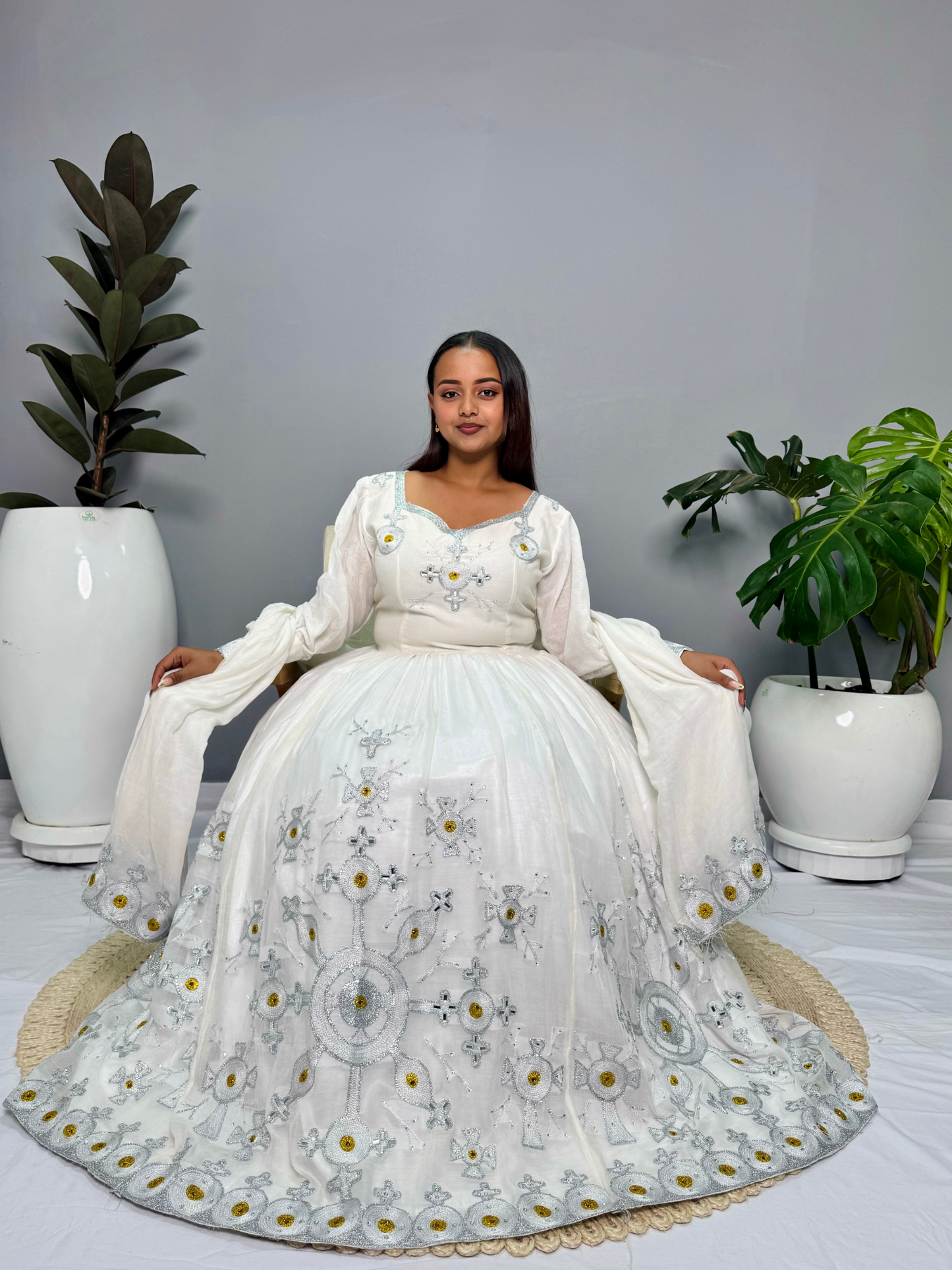Royal Handwoven Habesha Kemis | Elegant Ethiopian Traditional Dress | Intricate Cross Embroidery | Special Occasions | Habesha Dress Hab132