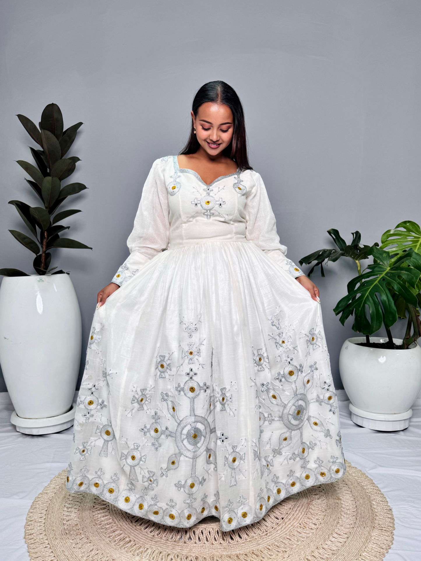 Royal Handwoven Habesha Kemis | Elegant Ethiopian Traditional Dress | Intricate Cross Embroidery | Special Occasions | Habesha Dress Hab132