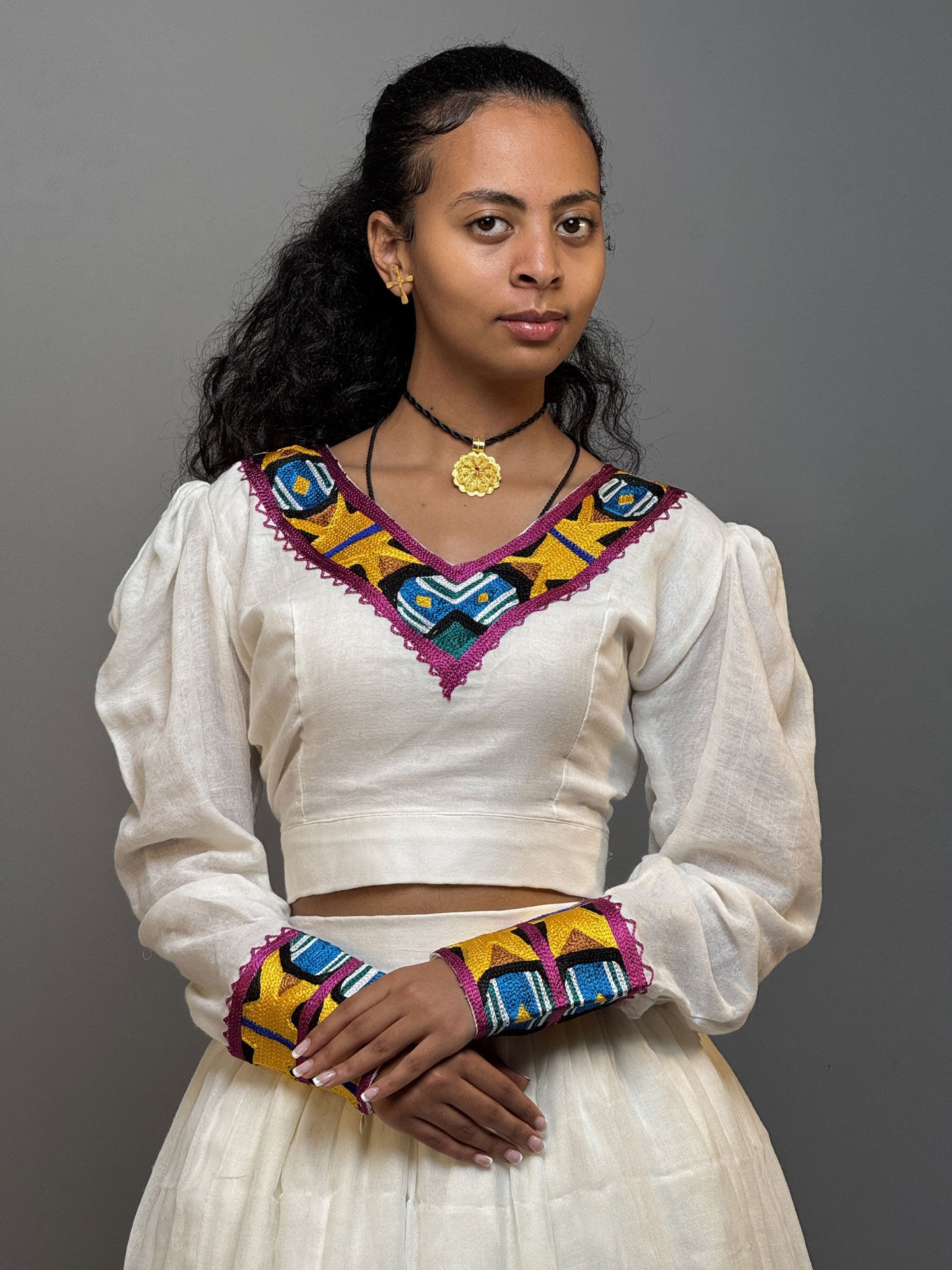 Multicolor Embroidered Long-Sleeve Habesha Dress | Elegant Ethiopian Kemis Hab254