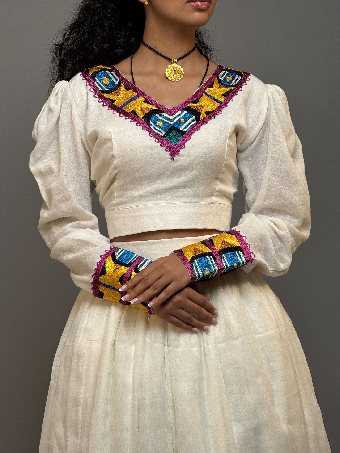 Multicolor Embroidered Long-Sleeve Habesha Dress | Elegant Ethiopian Kemis Hab254