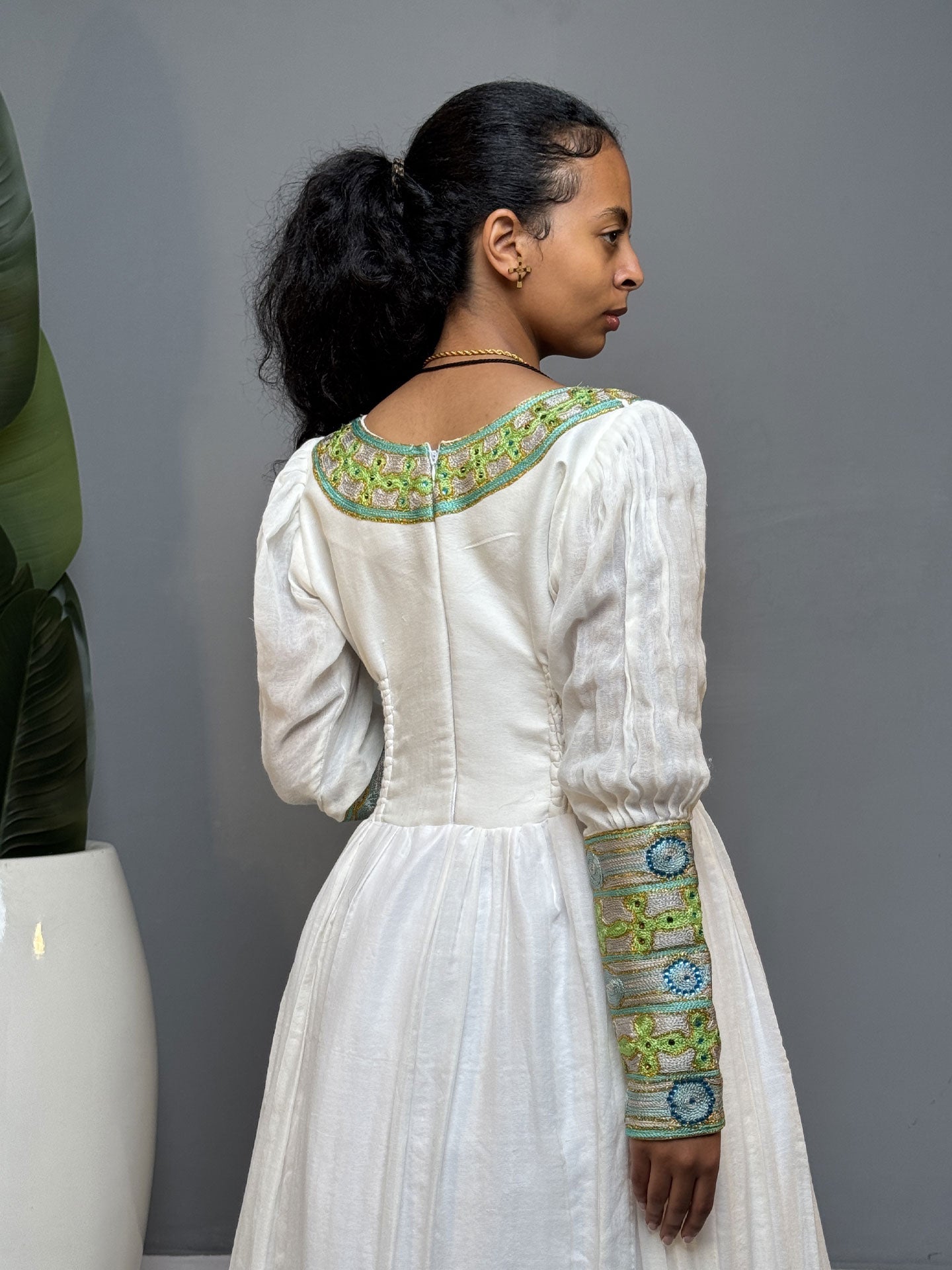 Ivory and Lime Green Handwoven Habesha Kemis | Elegant Ethiopian Dress Hab256