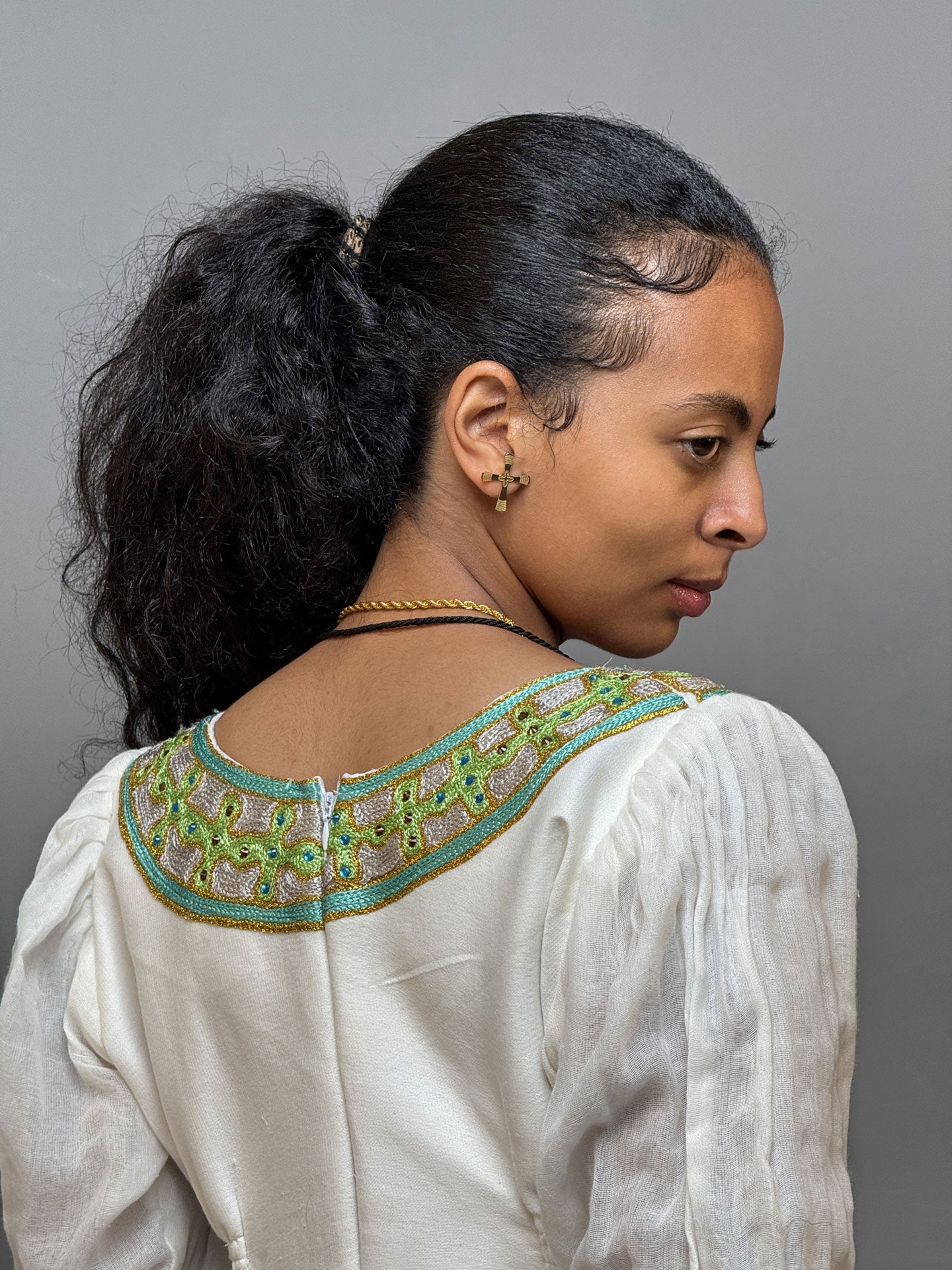 Ivory and Lime Green Handwoven Habesha Kemis | Elegant Ethiopian Dress Hab256