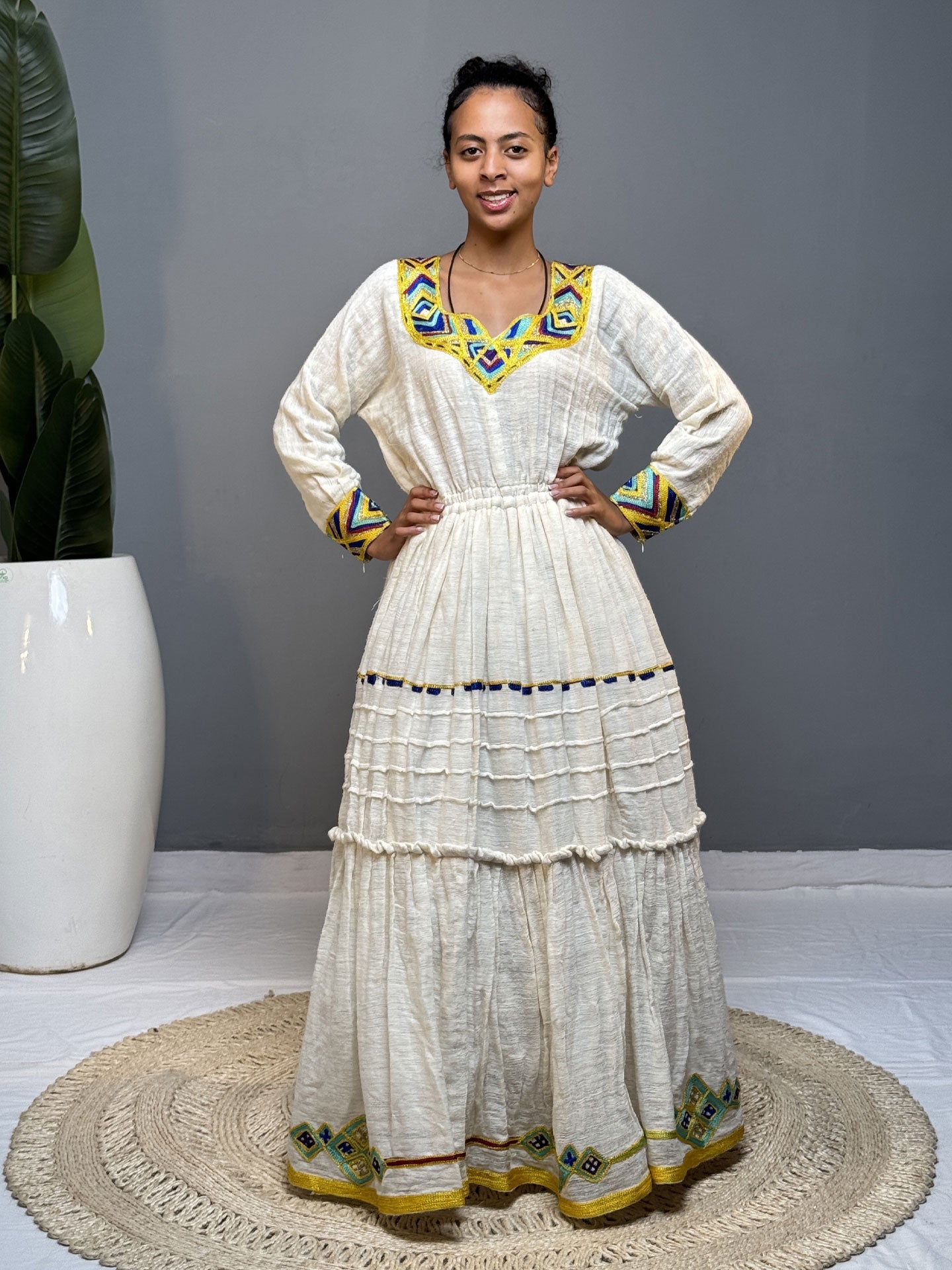 Blue & Yellow Tibeb Cream Tiered Habesha Kemis | Handmade Ethiopian Dress Hab258