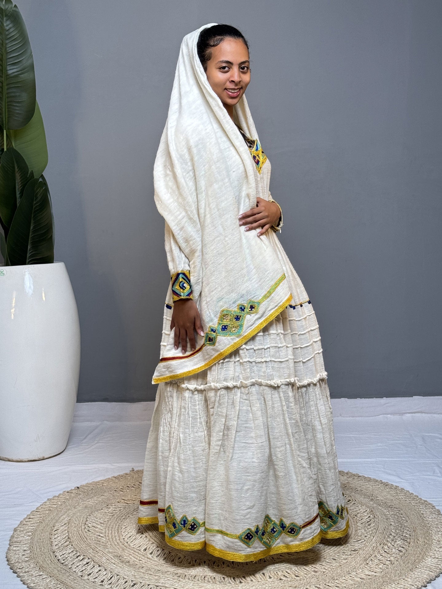 Blue & Yellow Tibeb Cream Tiered Habesha Kemis | Handmade Ethiopian Dress Hab258