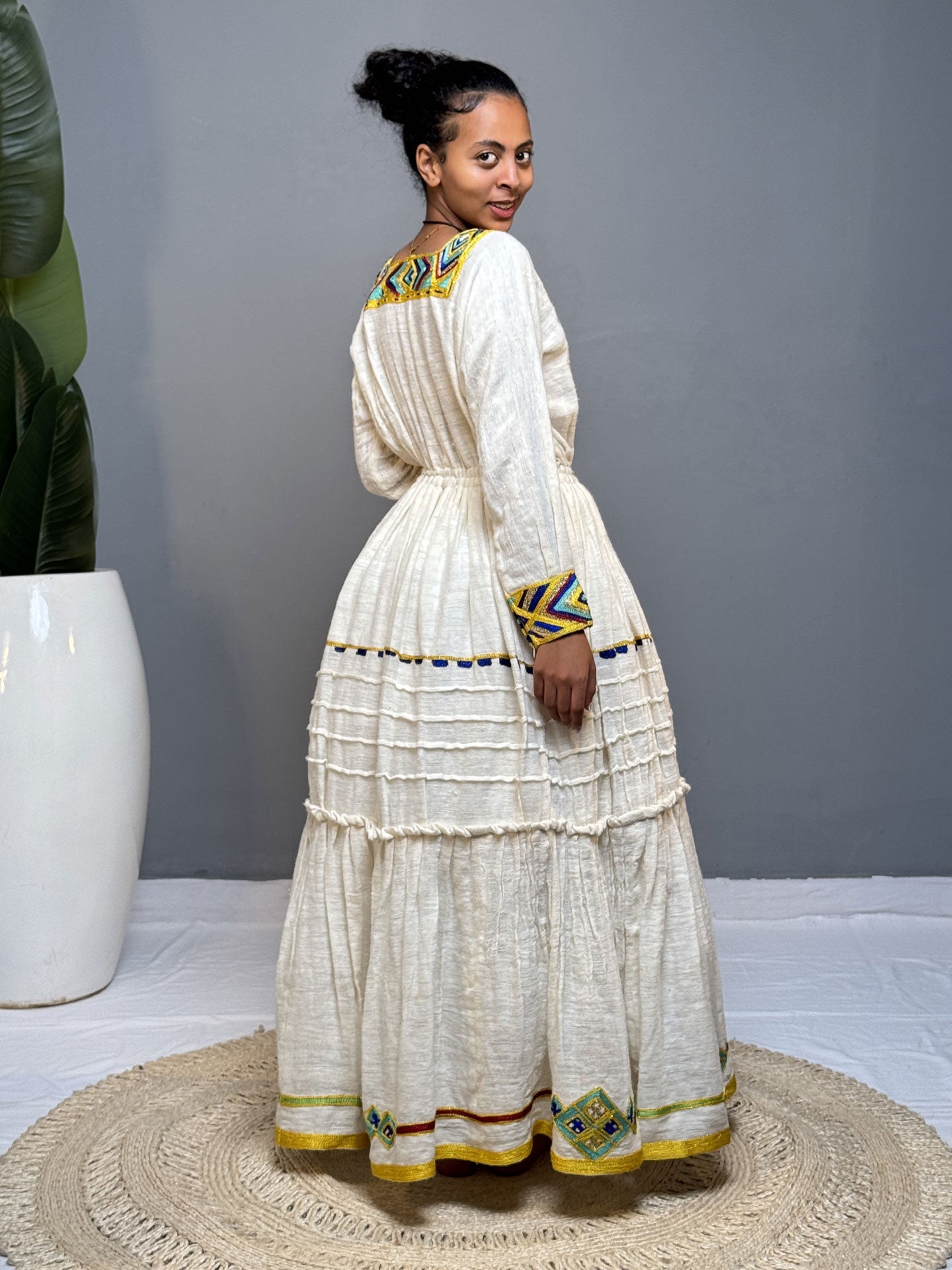 Blue & Yellow Tibeb Cream Tiered Habesha Kemis | Handmade Ethiopian Dress Hab258