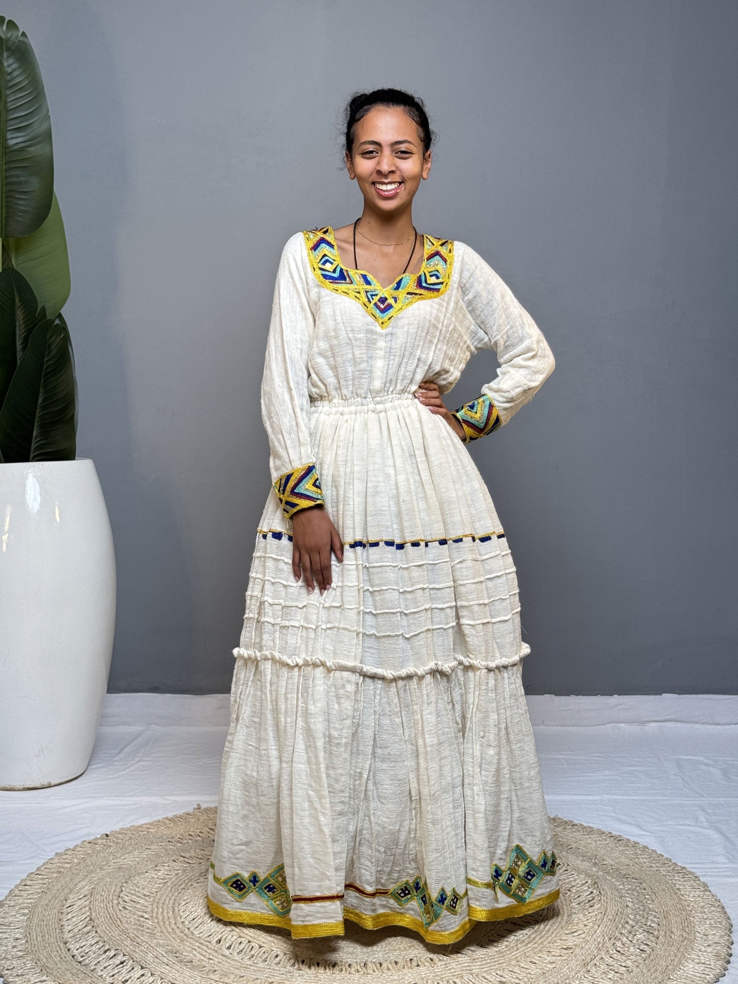 Blue & Yellow Tibeb Cream Tiered Habesha Kemis | Handmade Ethiopian Dress Hab258