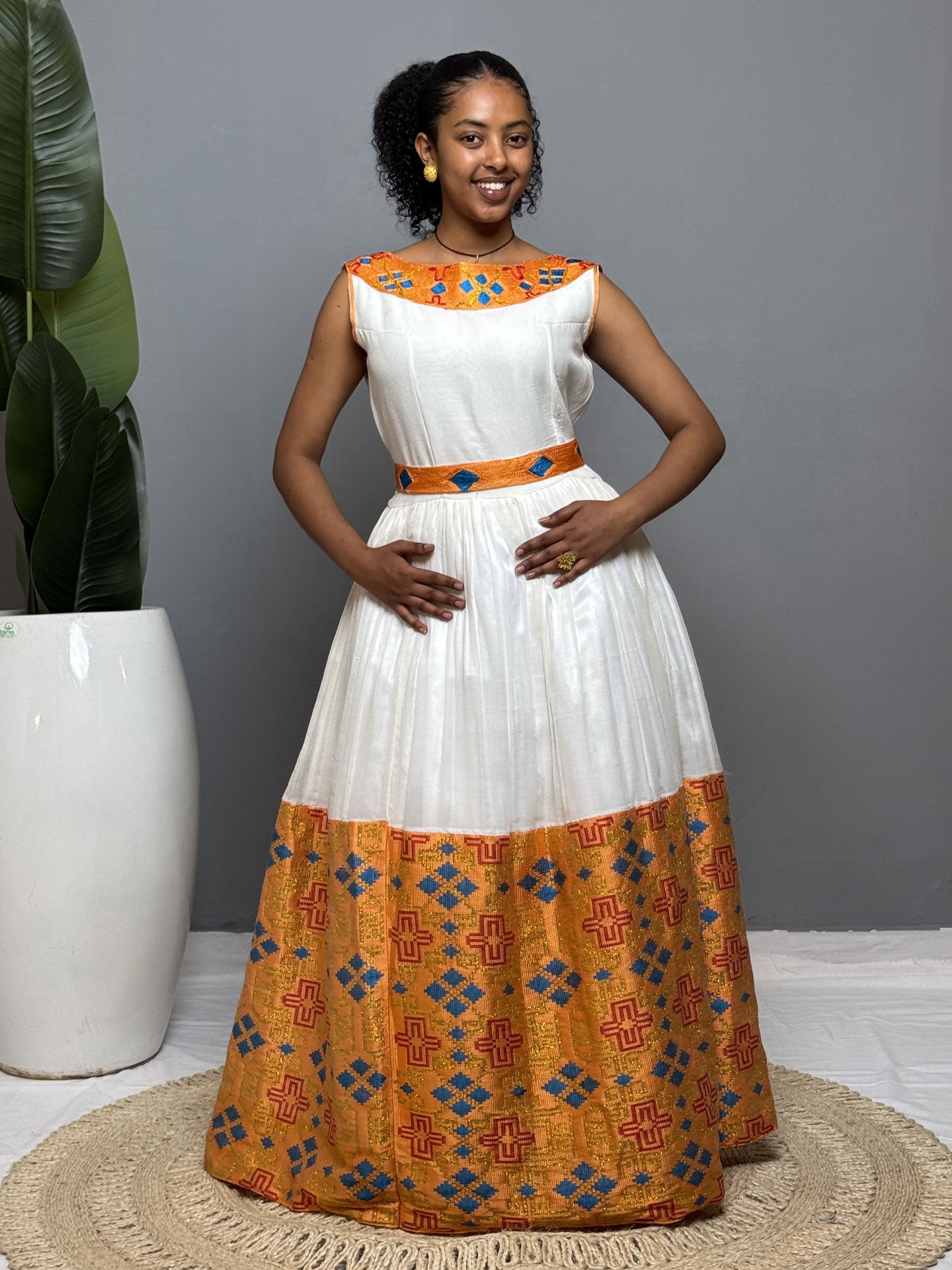 Golden Flame Sleeveless Habesha Dress | Elegant Ethiopian Kemis Hab252