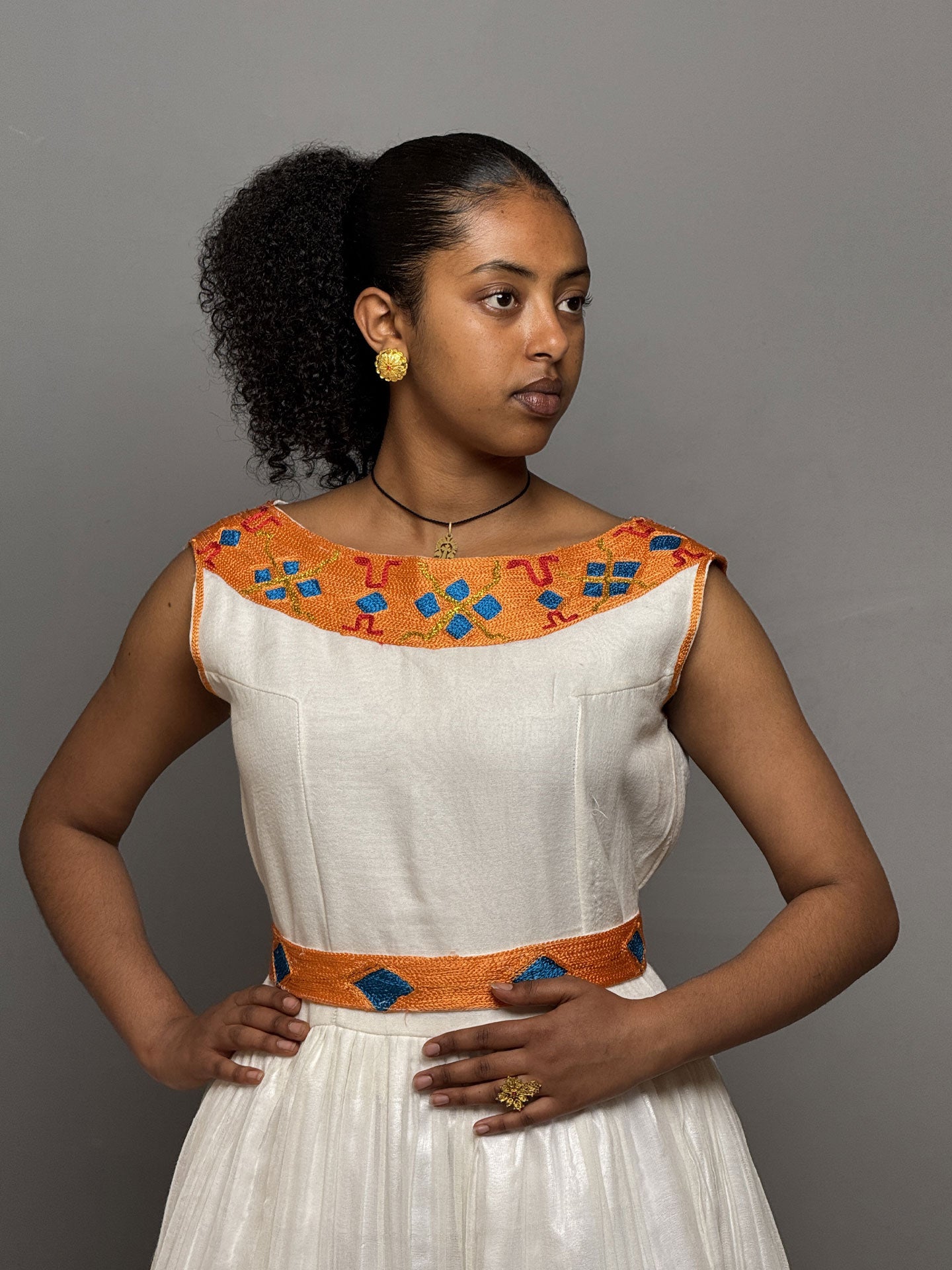 Golden Flame Sleeveless Habesha Dress | Elegant Ethiopian Kemis Hab252
