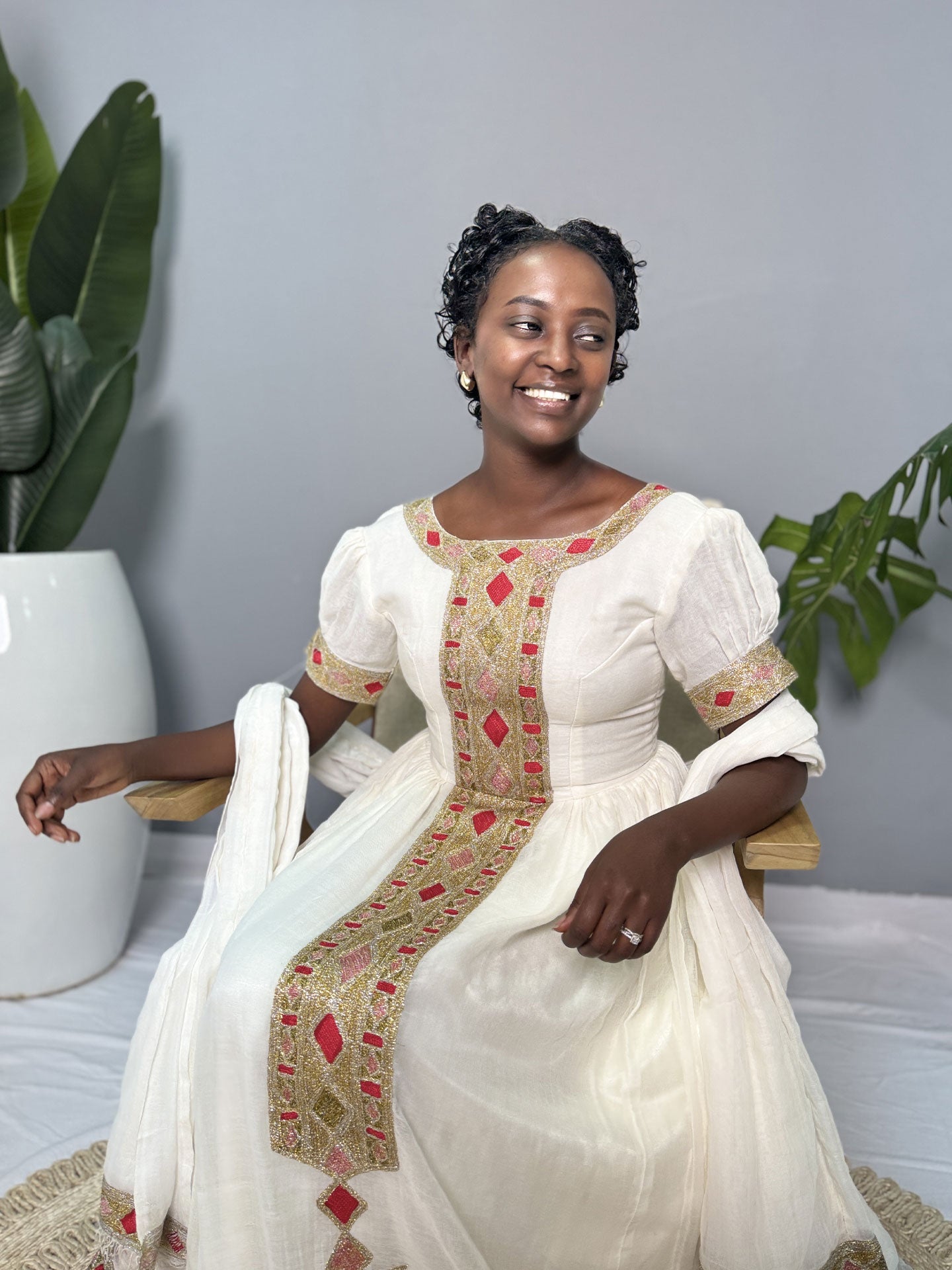 Ivory Gold Diamond Habesha Dress | Classic Ethiopian Kemis Hab253