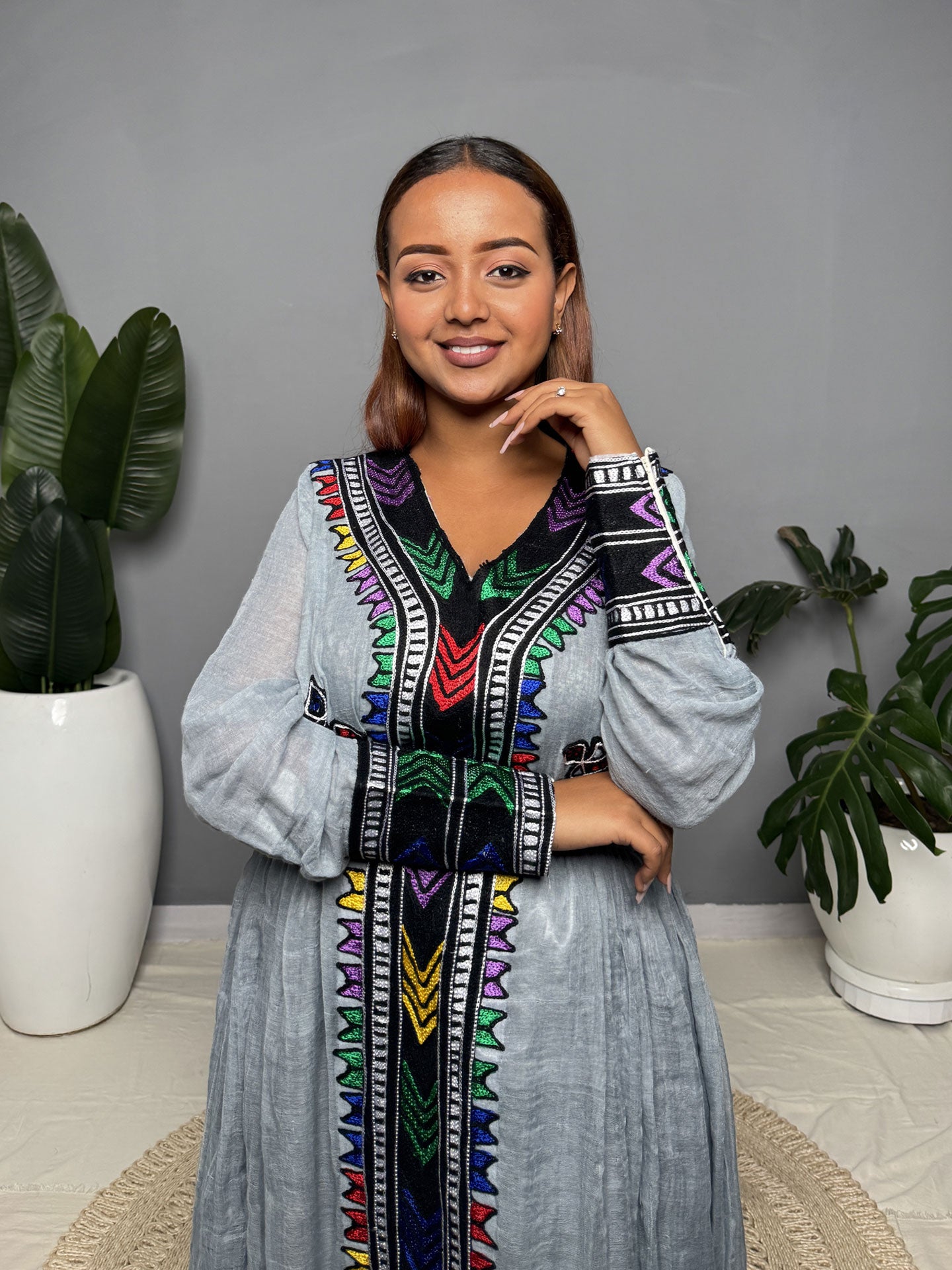 Gray Cross Embroidered Habesha Dress | Modern Habesha Kemis Hab255