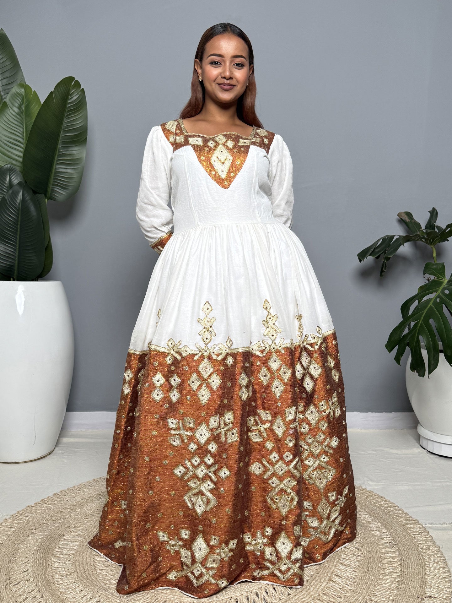 Copper and Gold Handwoven Habesha Kemis | Traditional Ethiopian Dress Hab257