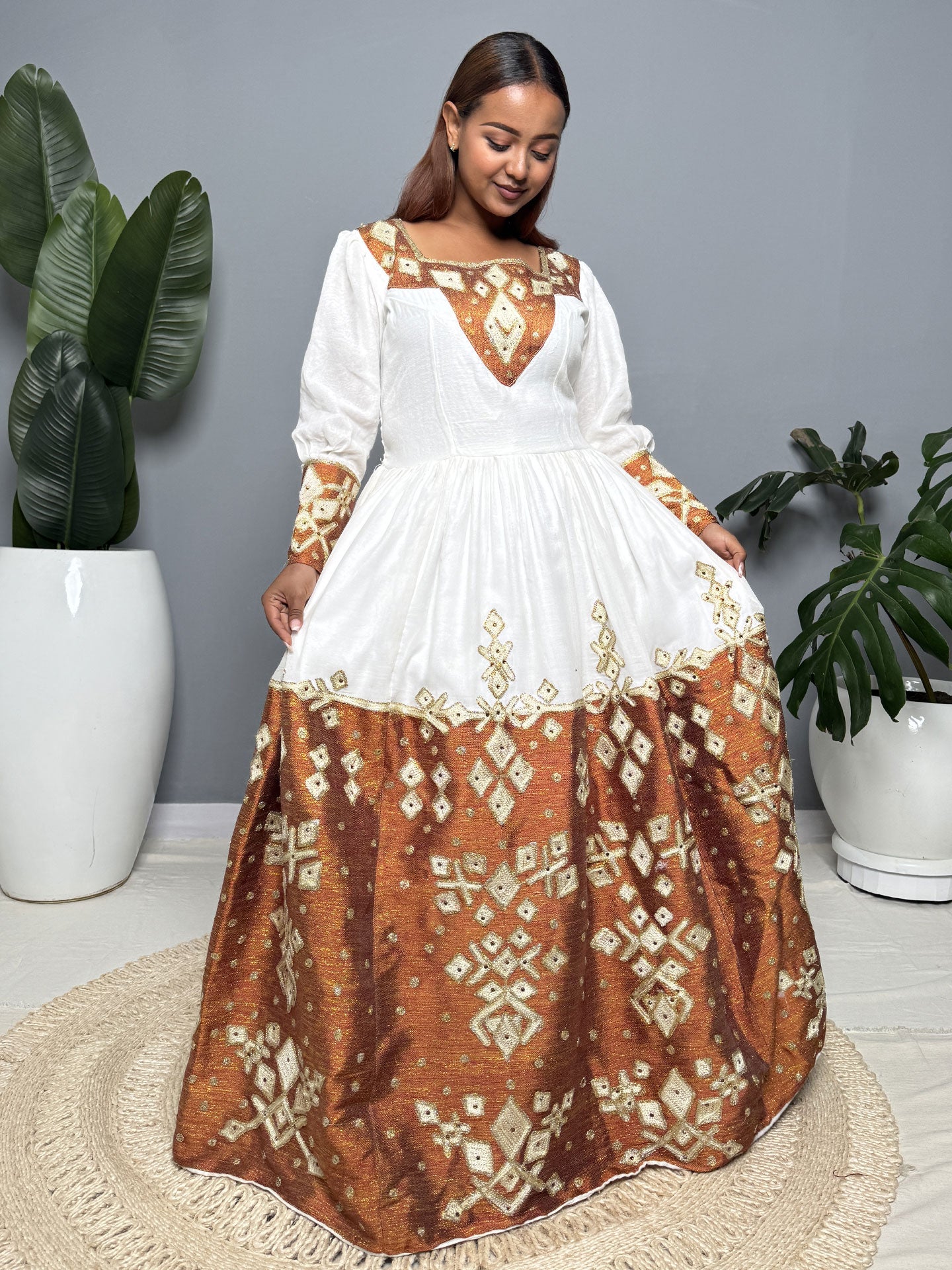Copper and Gold Handwoven Habesha Kemis | Traditional Ethiopian Dress Hab257