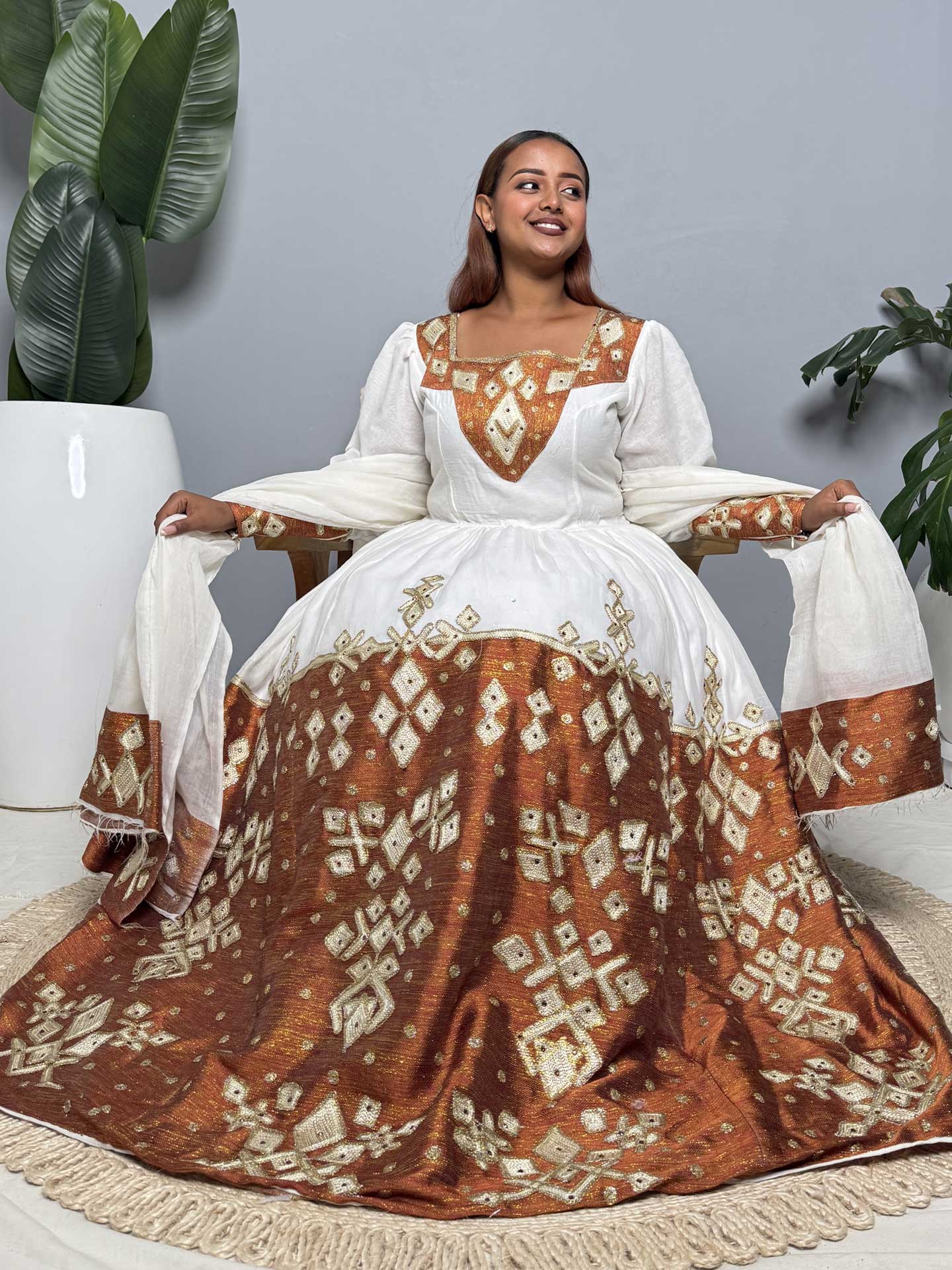 Copper and Gold Handwoven Habesha Kemis | Traditional Ethiopian Dress Hab257