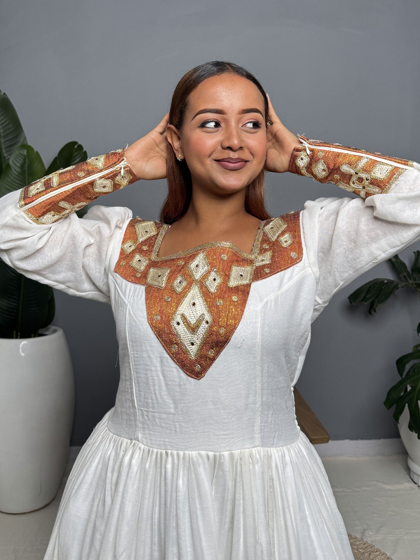 Copper and Gold Handwoven Habesha Kemis | Traditional Ethiopian Dress Hab257