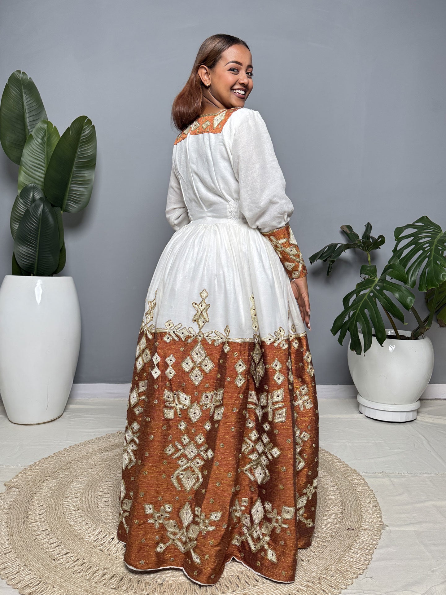 Copper and Gold Handwoven Habesha Kemis | Traditional Ethiopian Dress Hab257