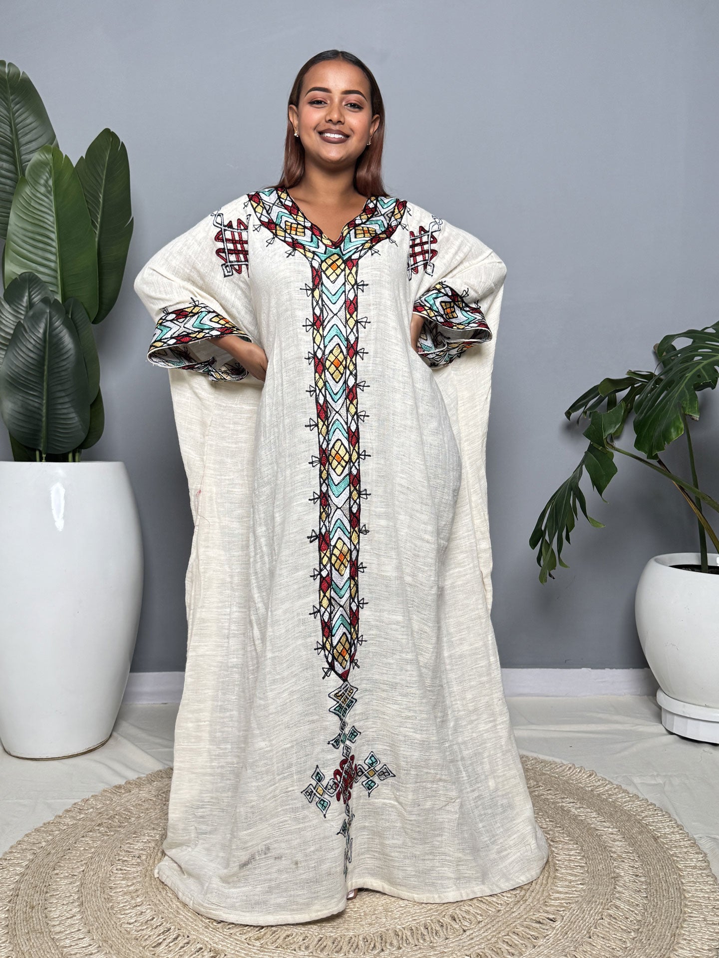Turquoise & Red Tibeb Cream Flare Habesha Kemis | Handmade Ethiopian Dress Hab259