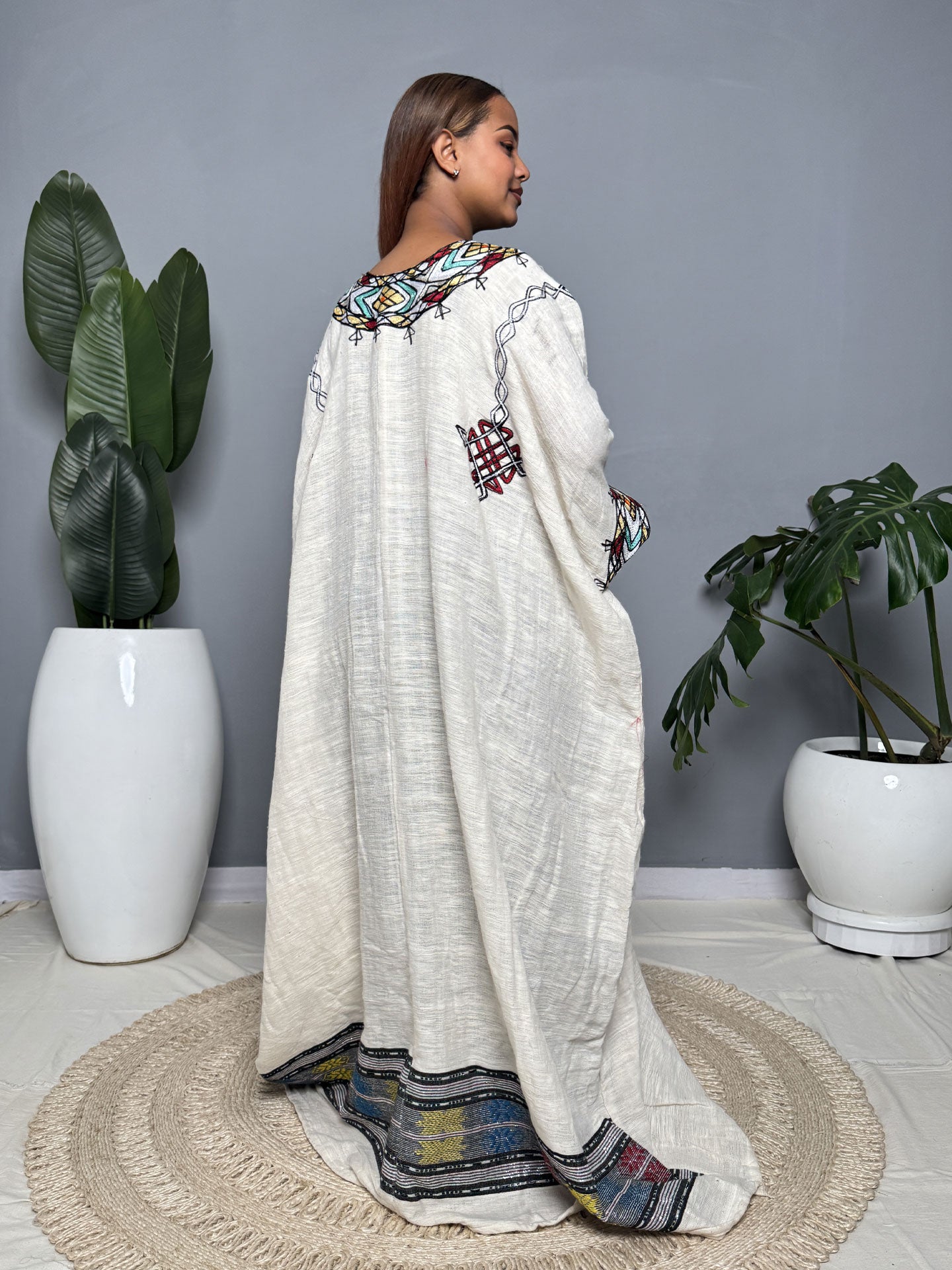 Turquoise & Red Tibeb Cream Flare Habesha Kemis | Handmade Ethiopian Dress Hab259