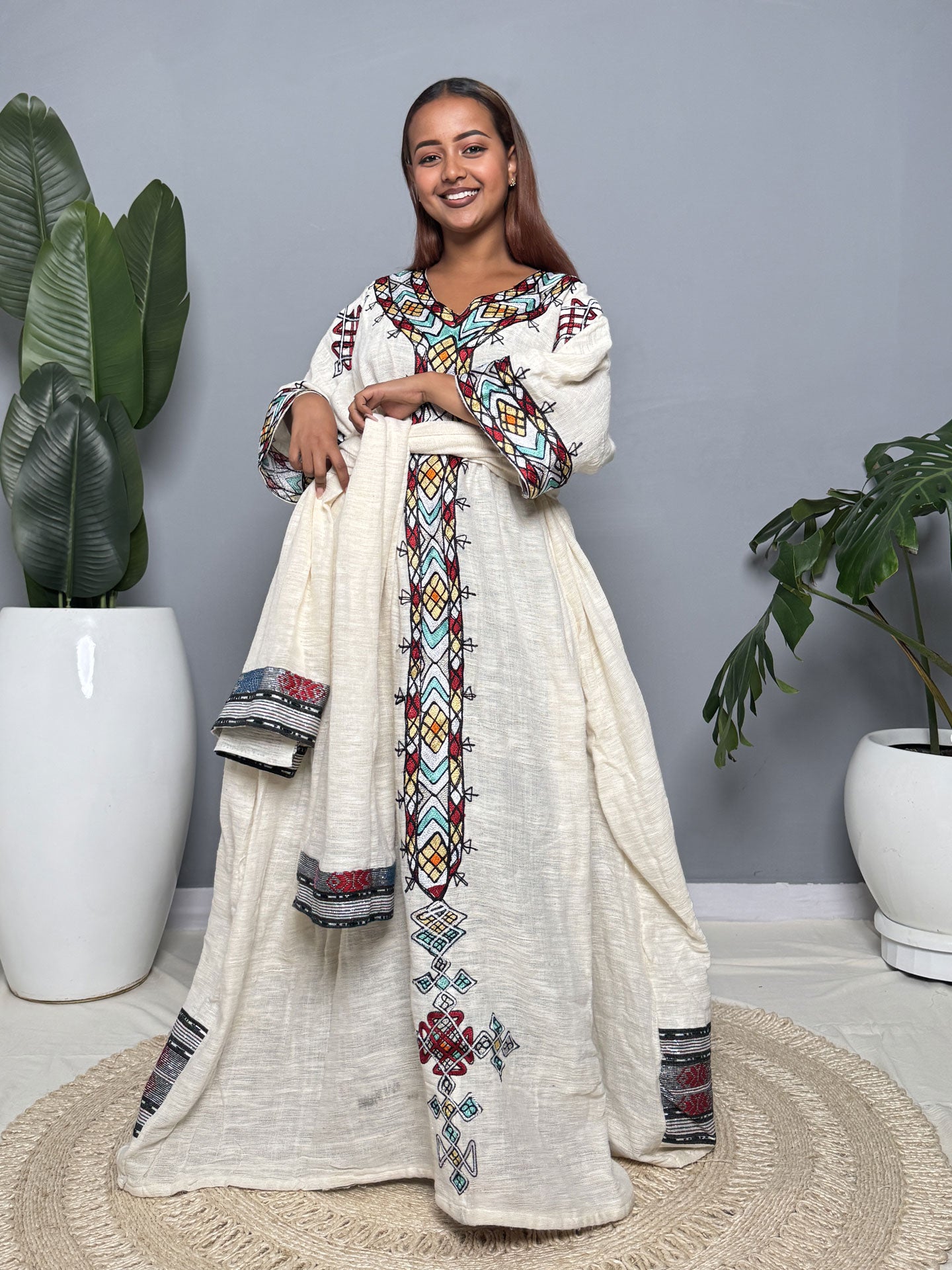 Turquoise & Red Tibeb Cream Flare Habesha Kemis | Handmade Ethiopian Dress Hab259