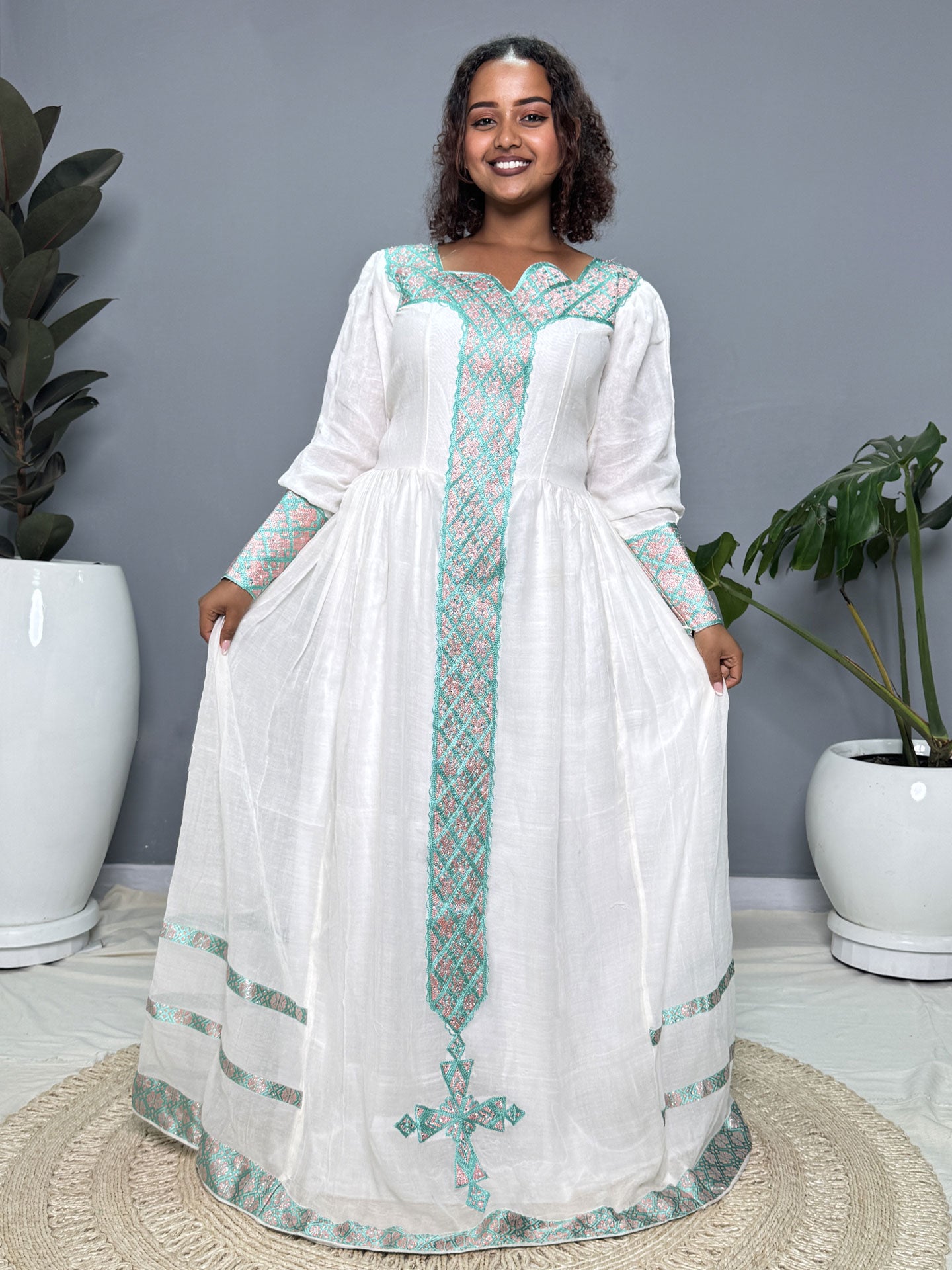 Mint Green & Soft Pink Tibeb Handmade Habesha Kemis | Ethiopian Dress Hab262