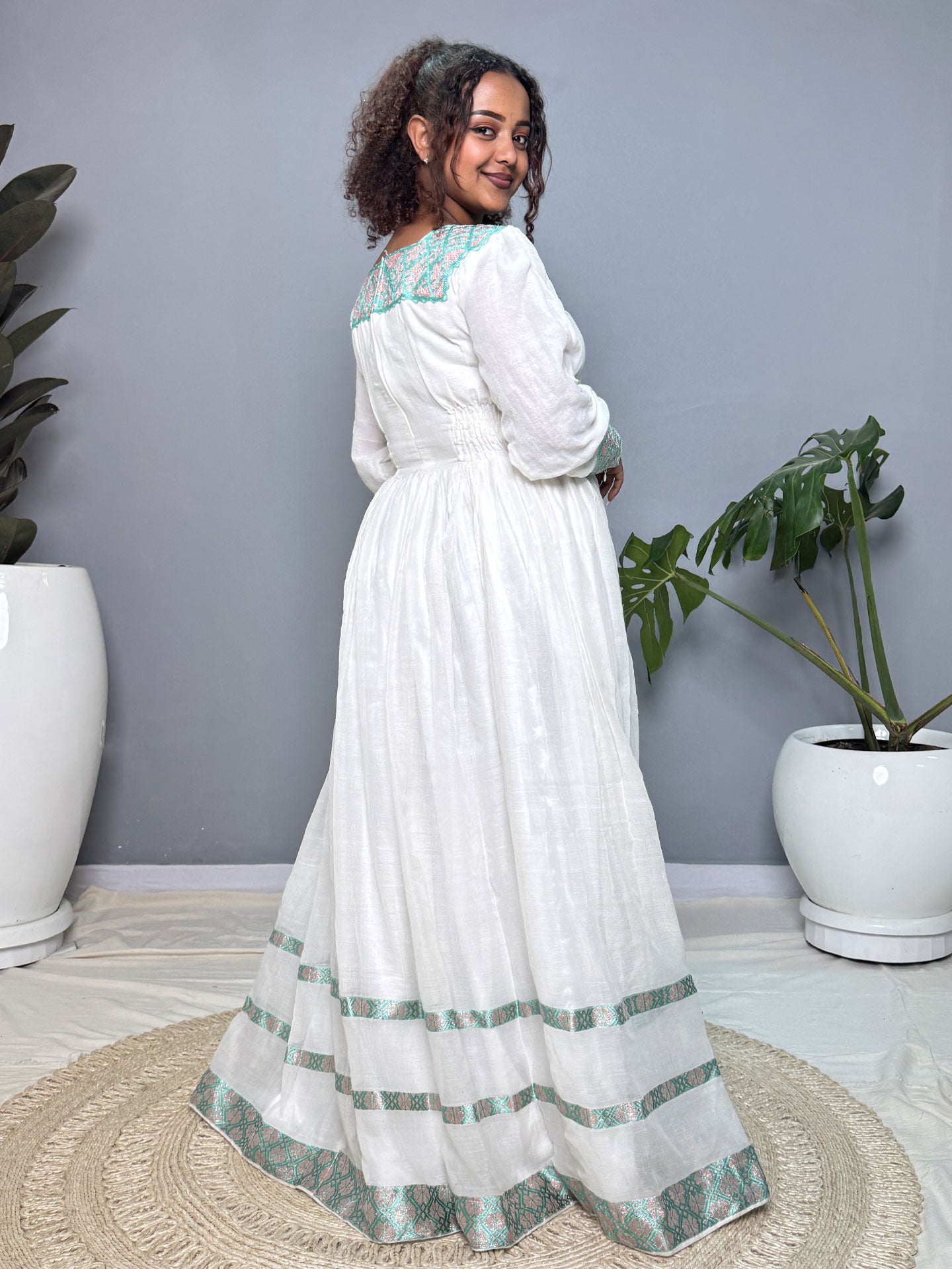 Mint Green & Soft Pink Tibeb Handmade Habesha Kemis | Ethiopian Dress Hab262