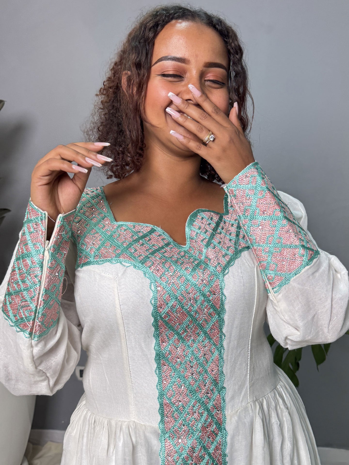 Mint Green & Soft Pink Tibeb Handmade Habesha Kemis | Ethiopian Dress Hab262