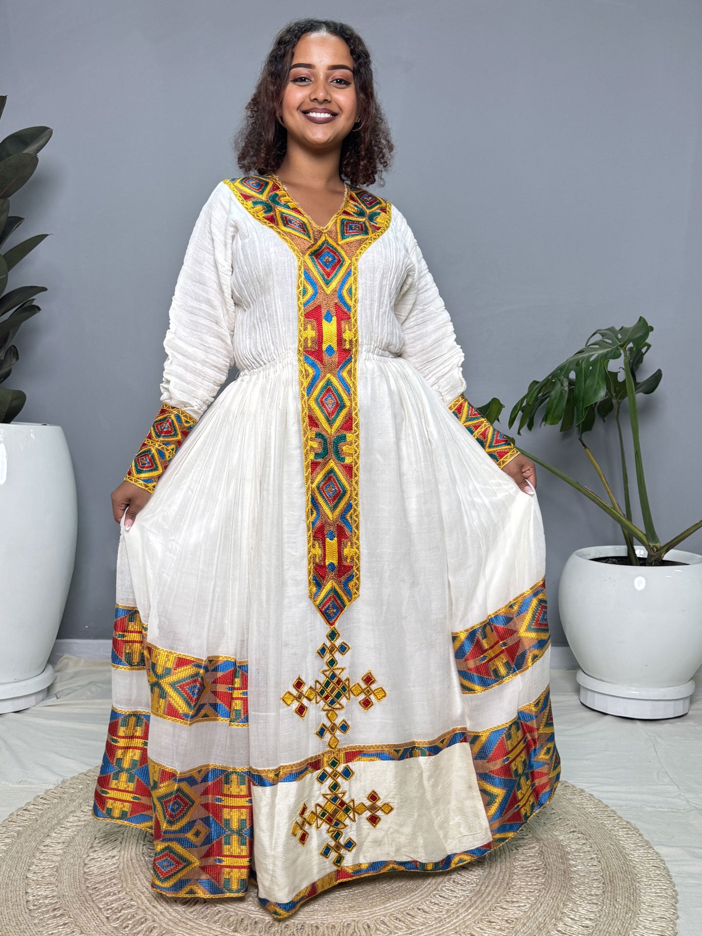 Yellow, Blue & Red Tibeb Habesha Kemis | Handwoven Ethiopian Dress Hab263