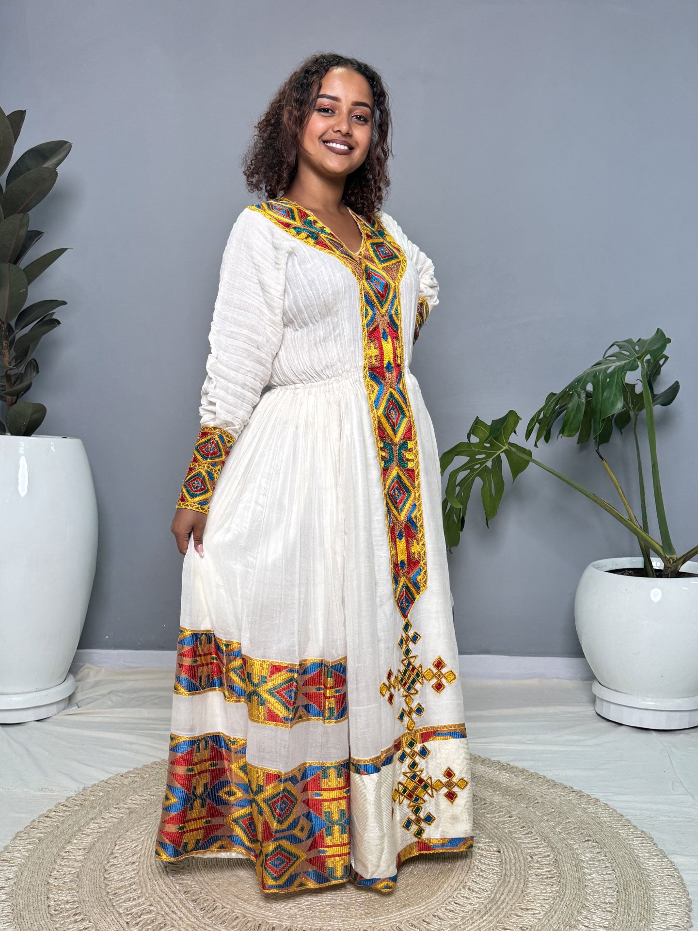 Yellow, Blue & Red Tibeb Habesha Kemis | Handwoven Ethiopian Dress Hab263