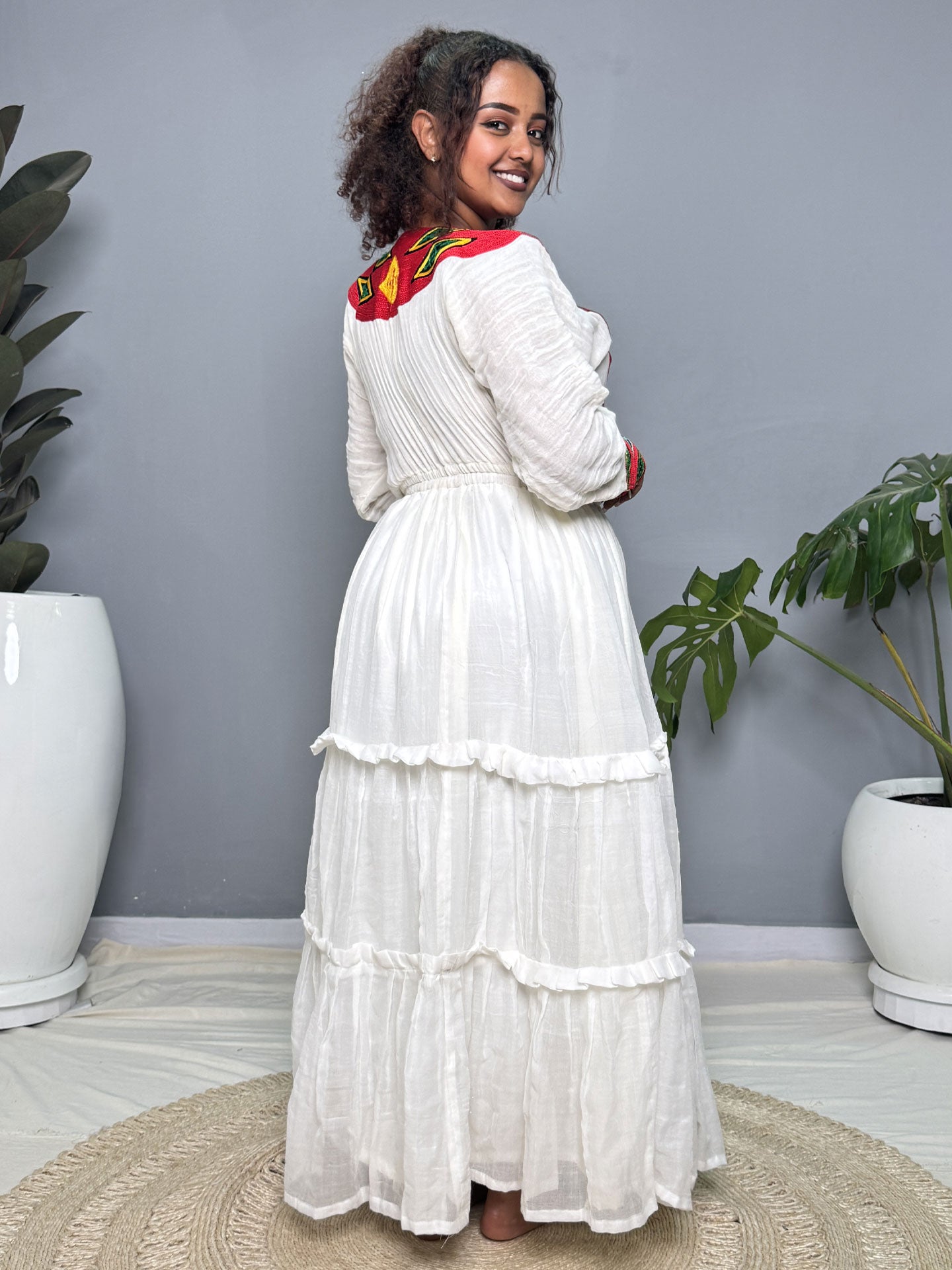 Red Diamond Embroidered Layered Skirt Habesha Kemis | Handwoven Ethiopian Dress Hab265