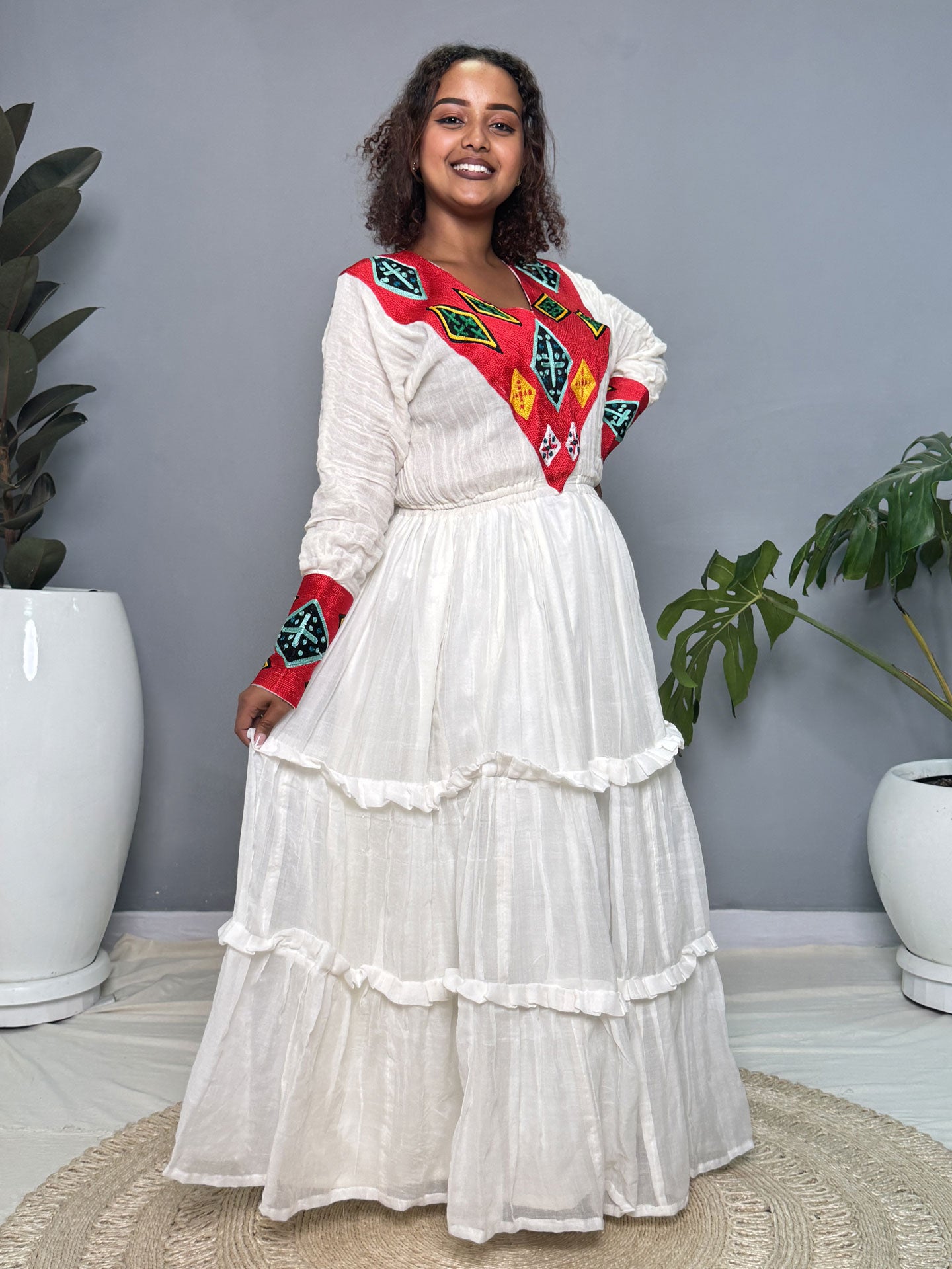 Red Diamond Embroidered Layered Skirt Habesha Kemis | Handwoven Ethiopian Dress Hab265