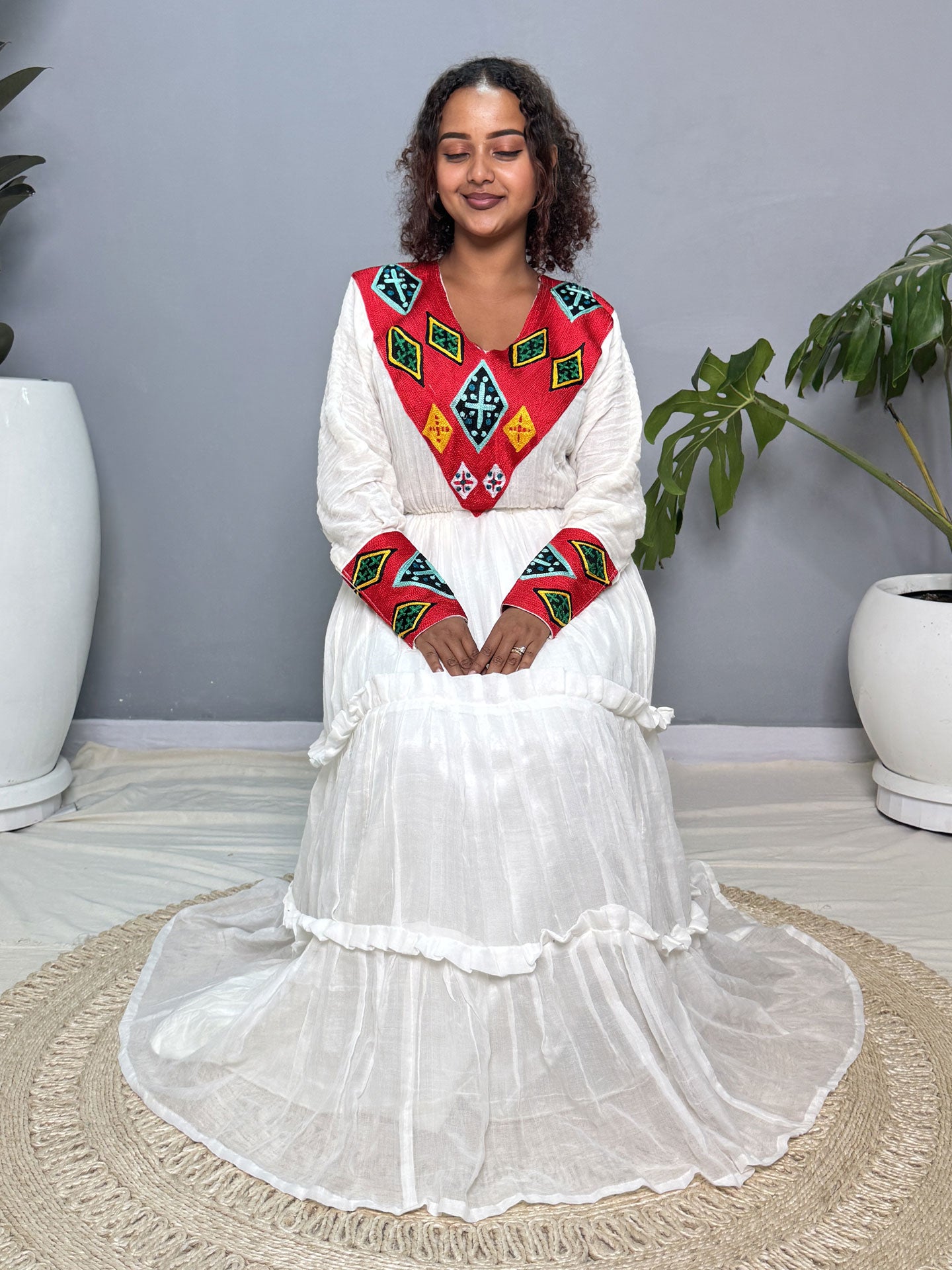 Red Diamond Embroidered Layered Skirt Habesha Kemis | Handwoven Ethiopian Dress Hab265