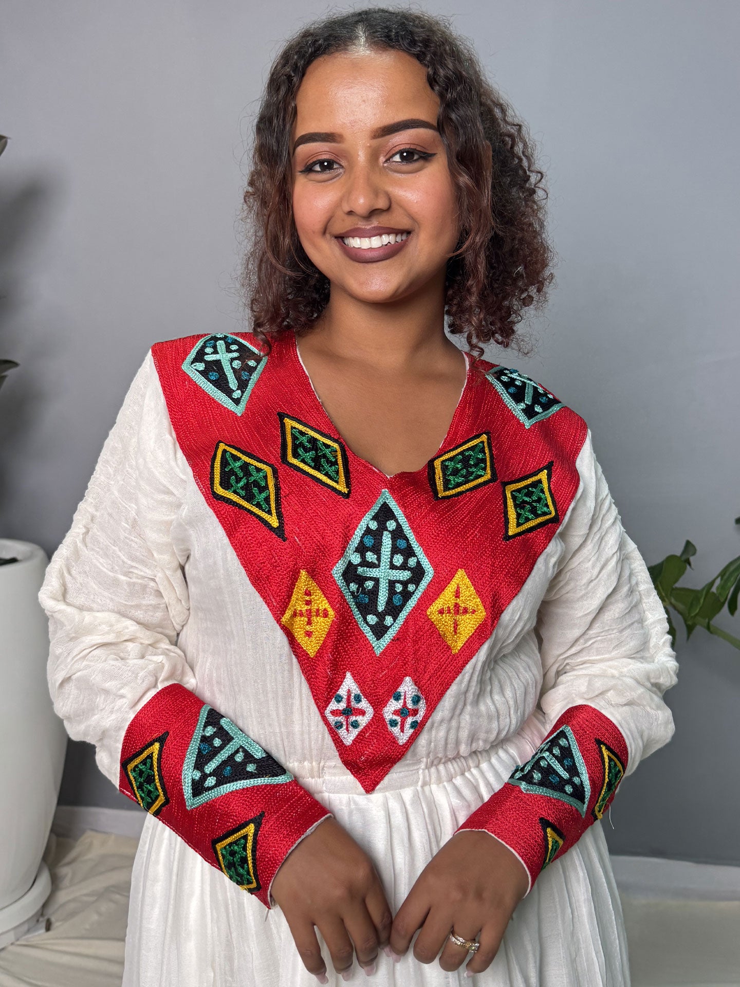 Red Diamond Embroidered Layered Skirt Habesha Kemis | Handwoven Ethiopian Dress Hab265