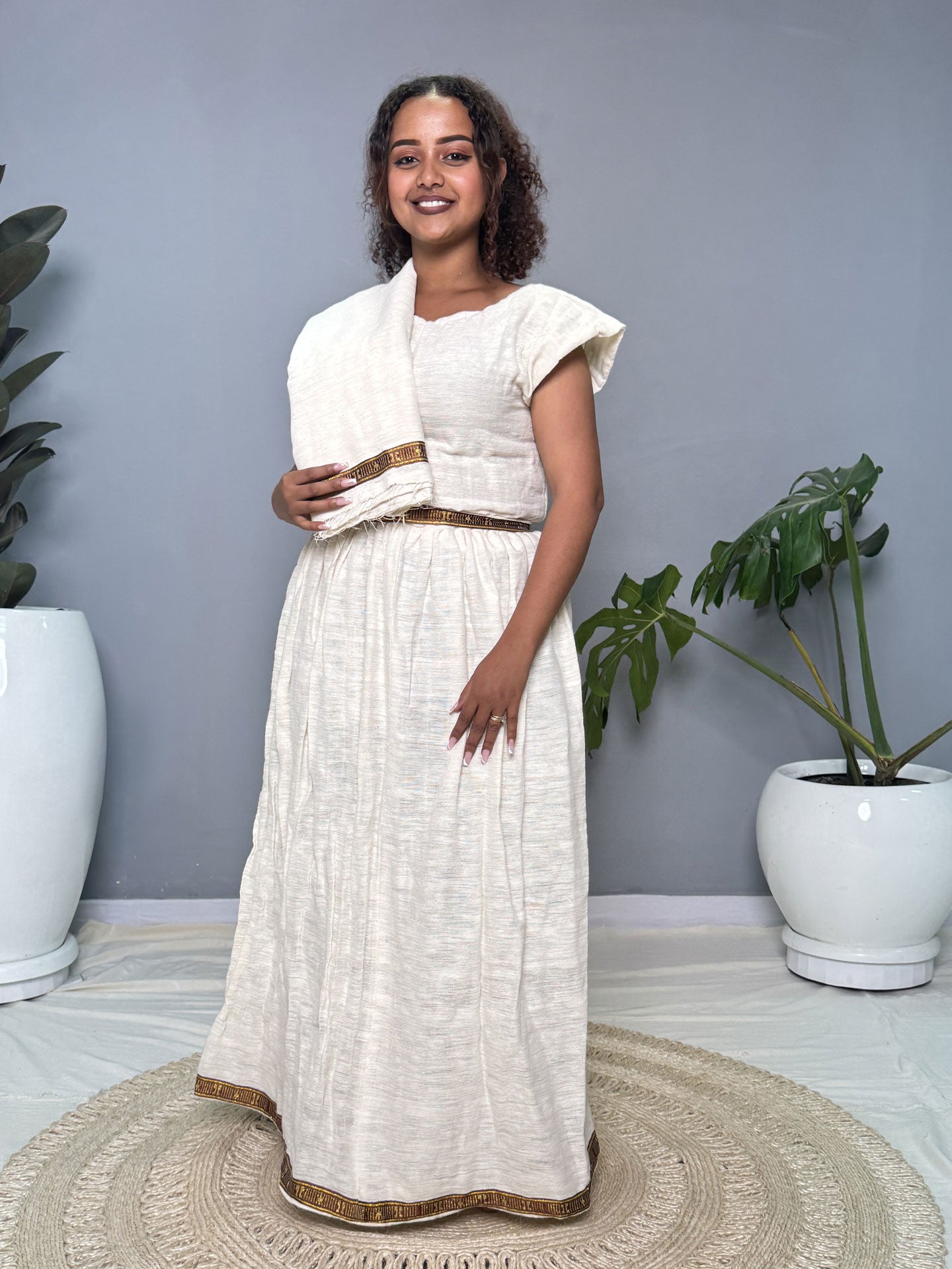 Cream and Gold Handwoven Habesha Kemis | Traditional Ethiopian Dress Hab264
