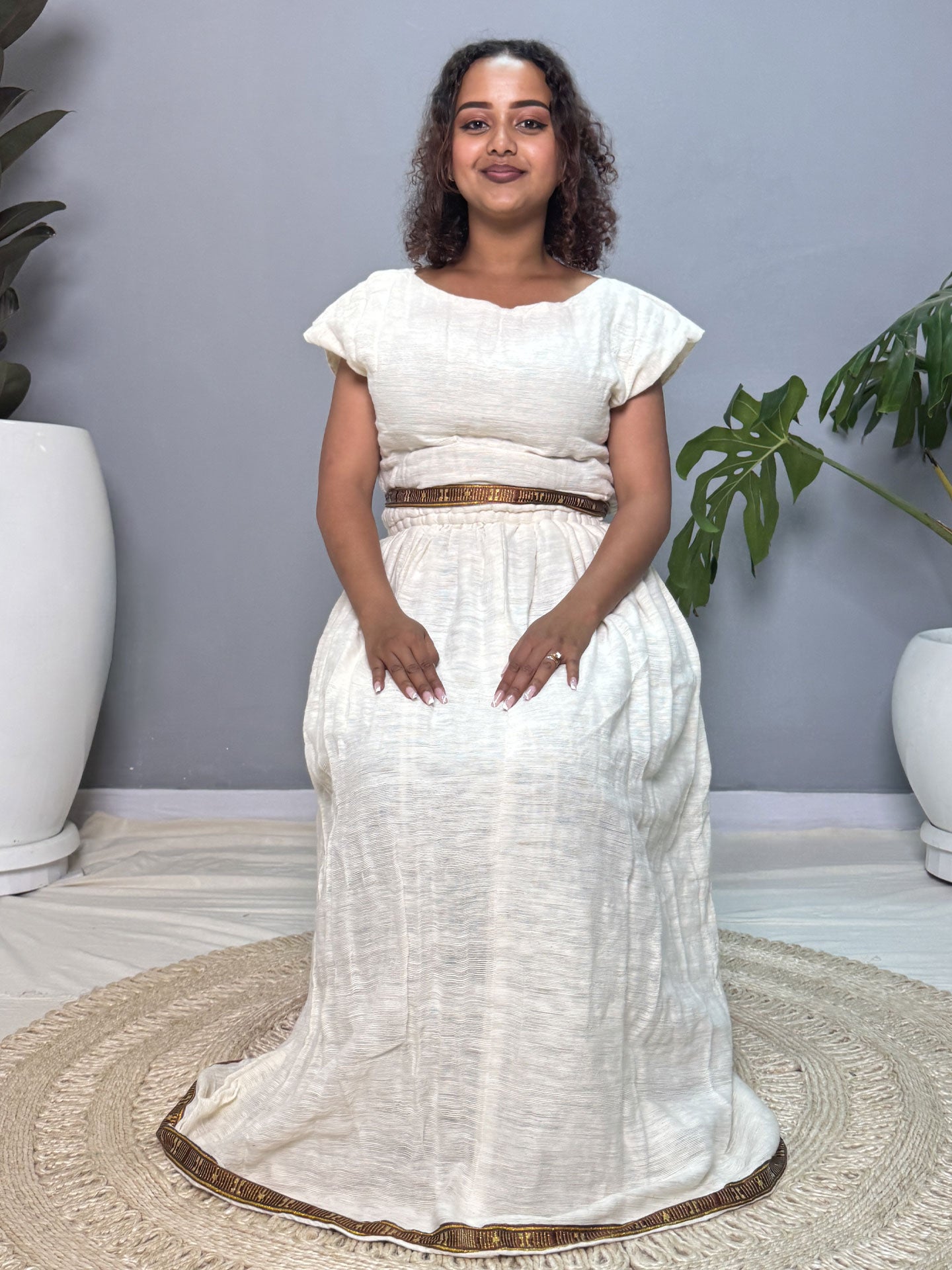 Cream and Gold Handwoven Habesha Kemis | Traditional Ethiopian Dress Hab264