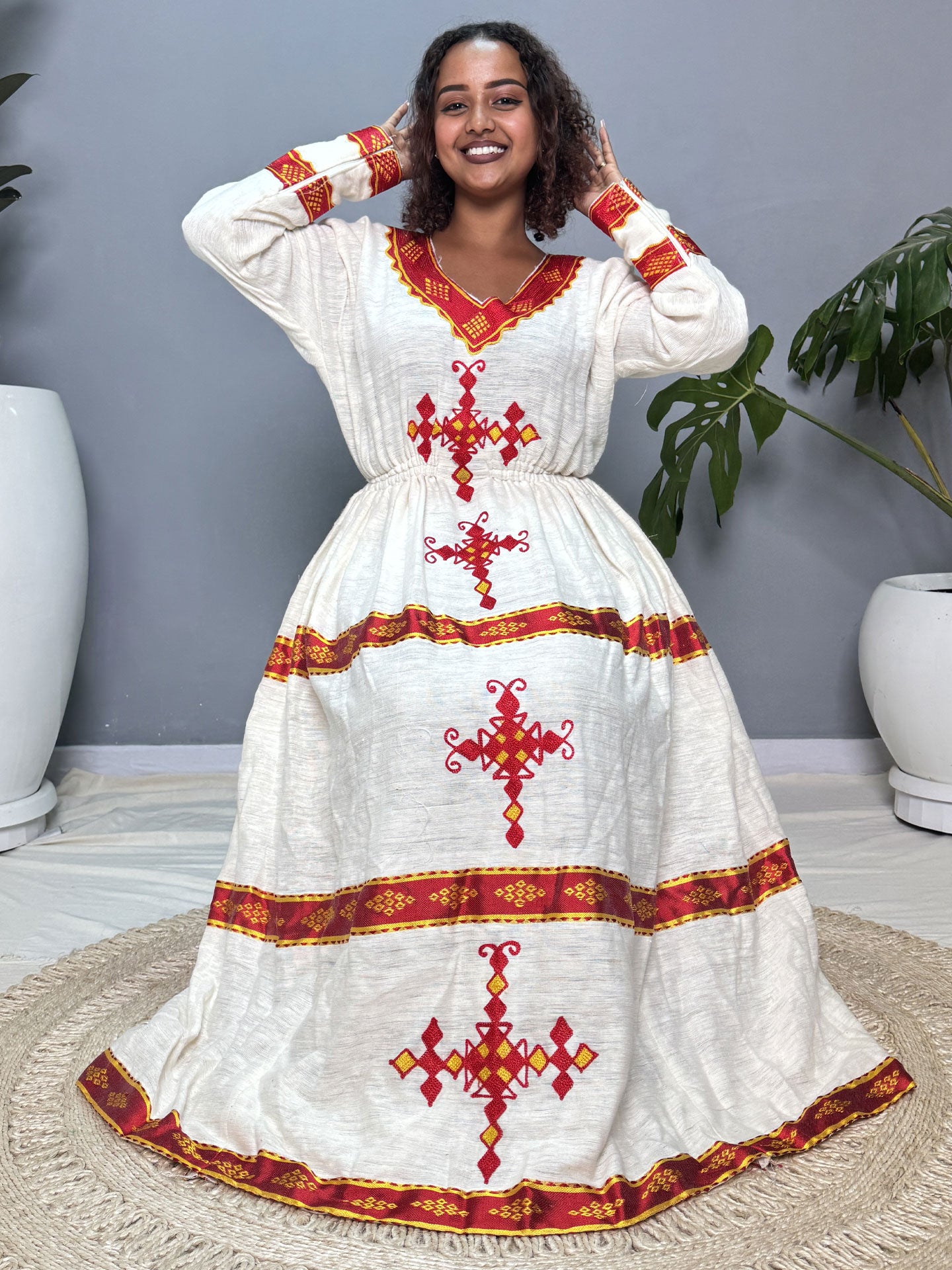 Red & Gold Cross Embroidered Habesha Kemis | Modern Handmade Ethiopian Kemis Hab266