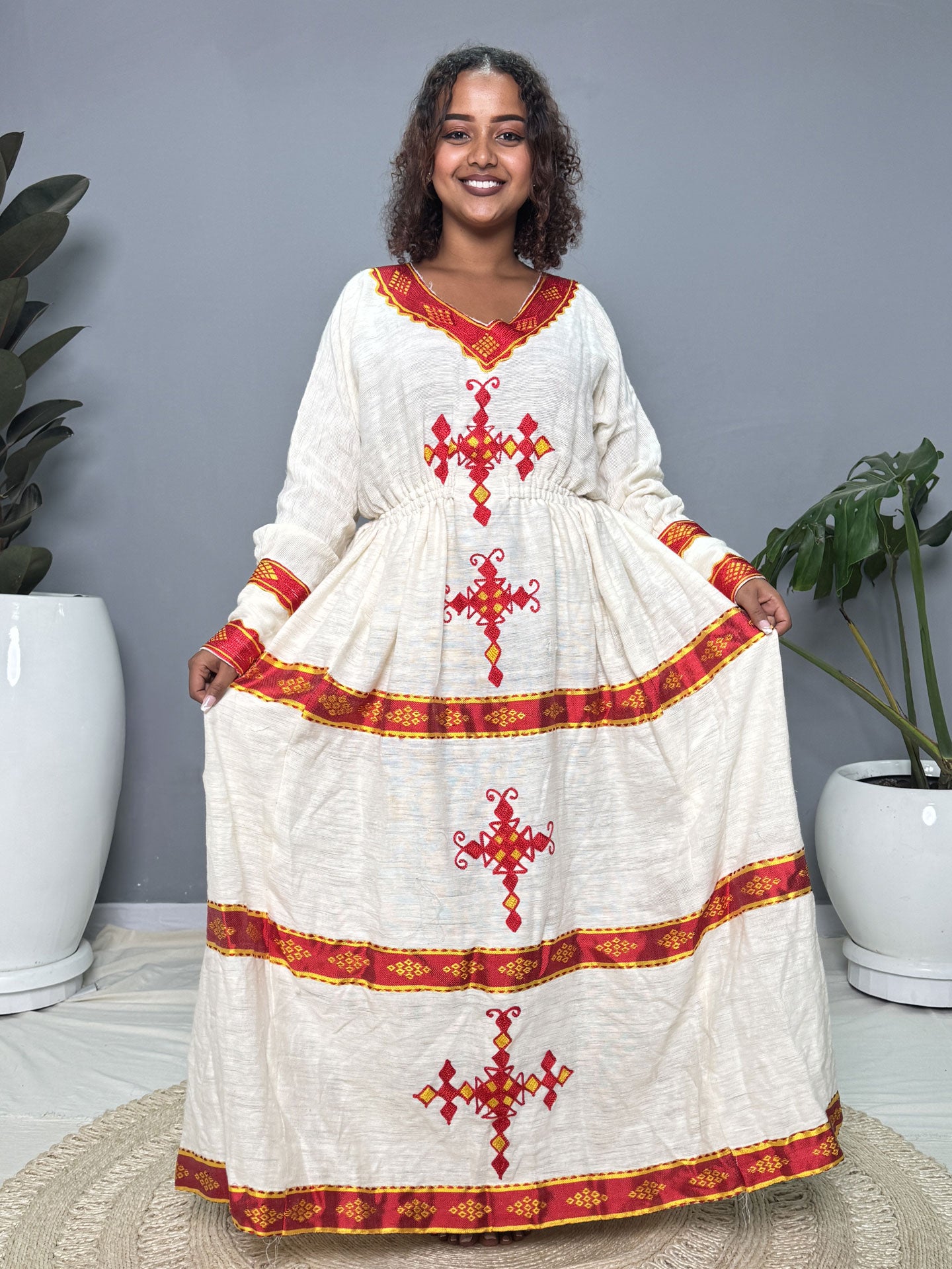 Red & Gold Cross Embroidered Habesha Kemis | Modern Handmade Ethiopian Kemis Hab266