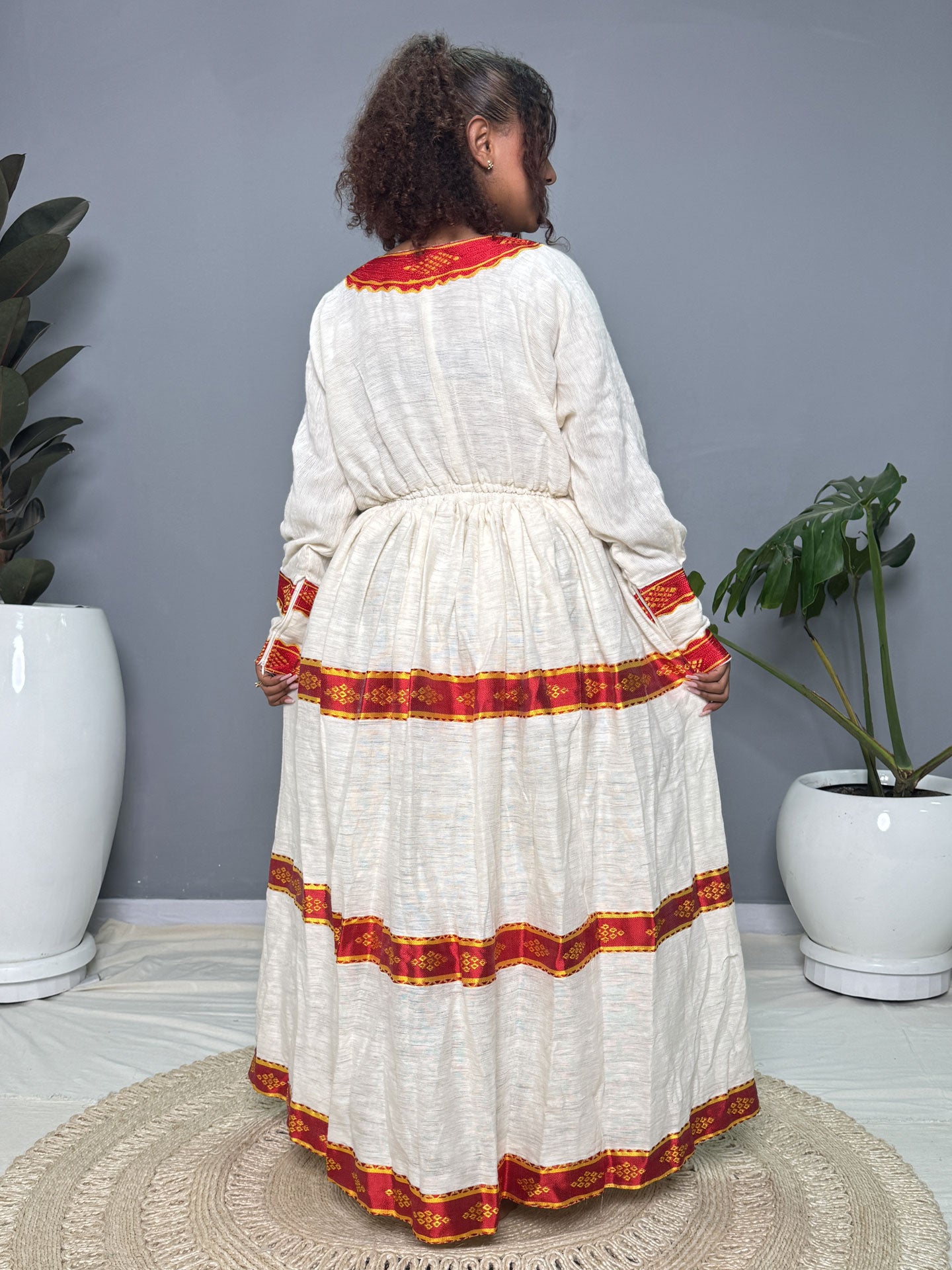 Red & Gold Cross Embroidered Habesha Kemis | Modern Handmade Ethiopian Kemis Hab266