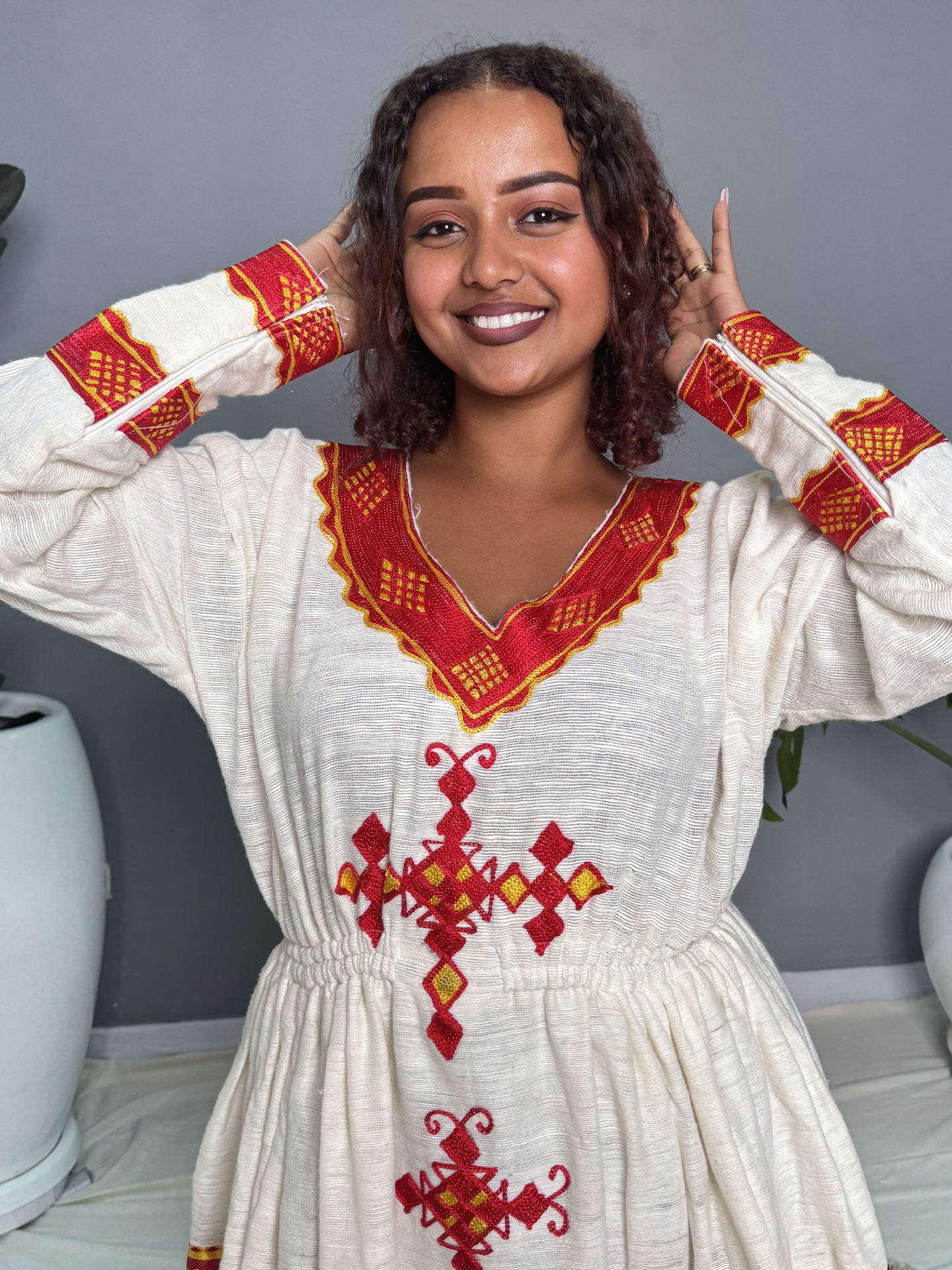 Red & Gold Cross Embroidered Habesha Kemis | Modern Handmade Ethiopian Kemis Hab266