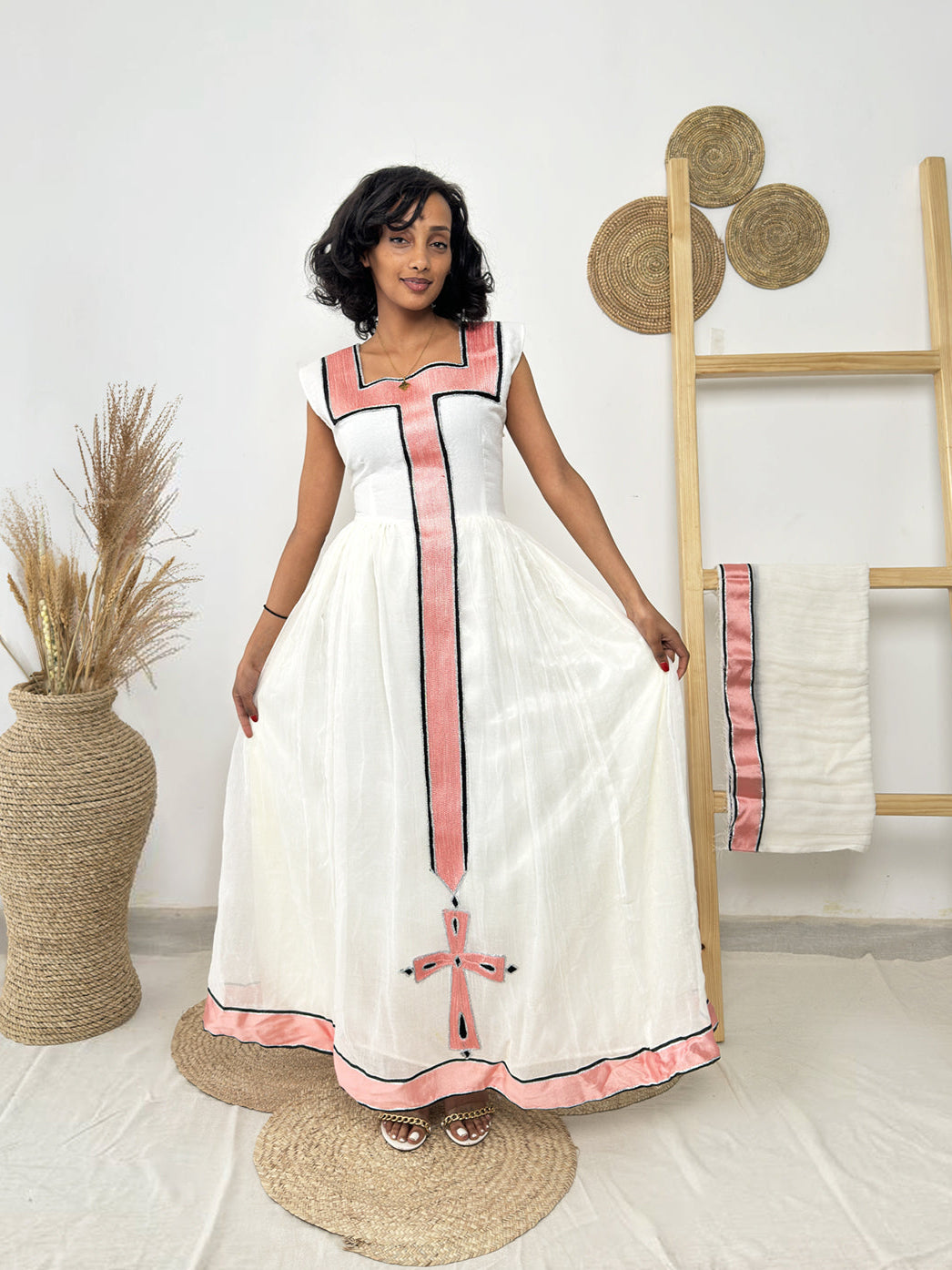 Blush Cross Panel Habesha Dress | Modern Ethiopian Kemis Hab248