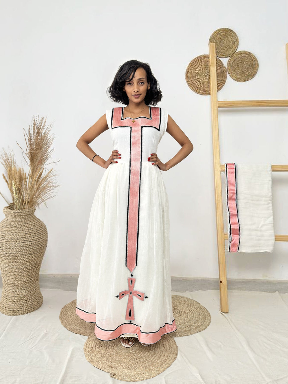 Blush Cross Panel Habesha Dress | Modern Ethiopian Kemis Hab248