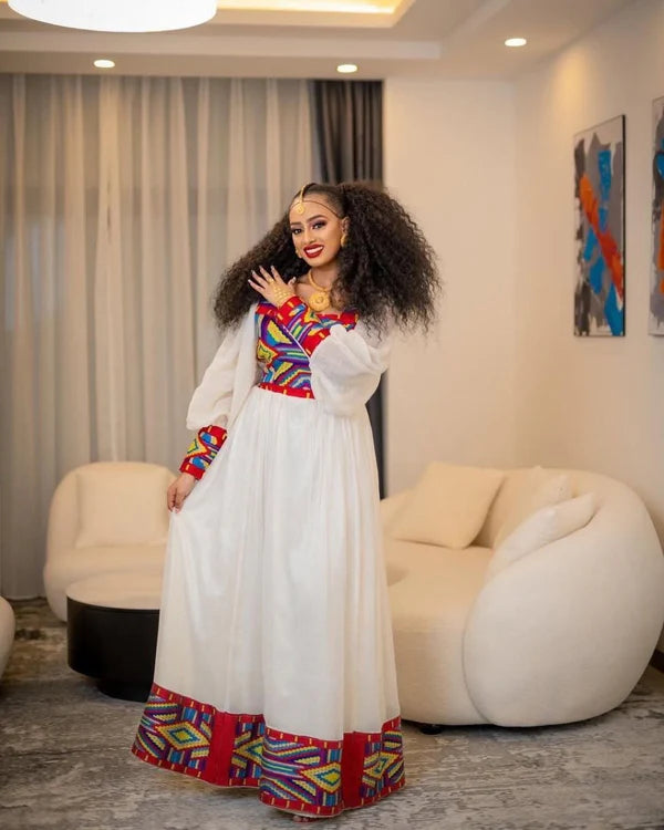 Hanna - Colorful Geometric Handwoven Habesha Kemis | Modern Eritrean Traditional Dress Hab279