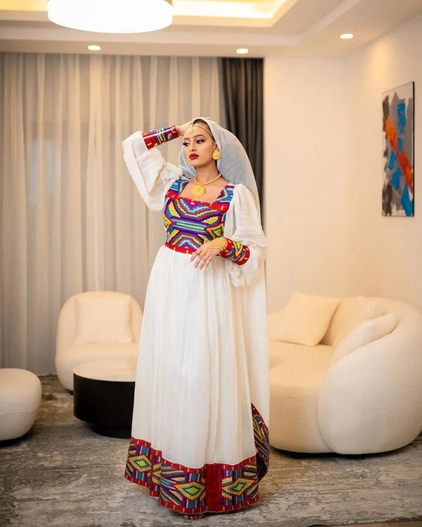 Hanna - Colorful Geometric Handwoven Habesha Kemis | Modern Eritrean Traditional Dress Hab279