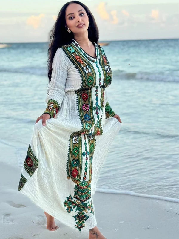 Saron - Green Multicolor Embroidered Handwoven Habesha Kemis | Authentic Ethiopian Traditional Dress Hab273