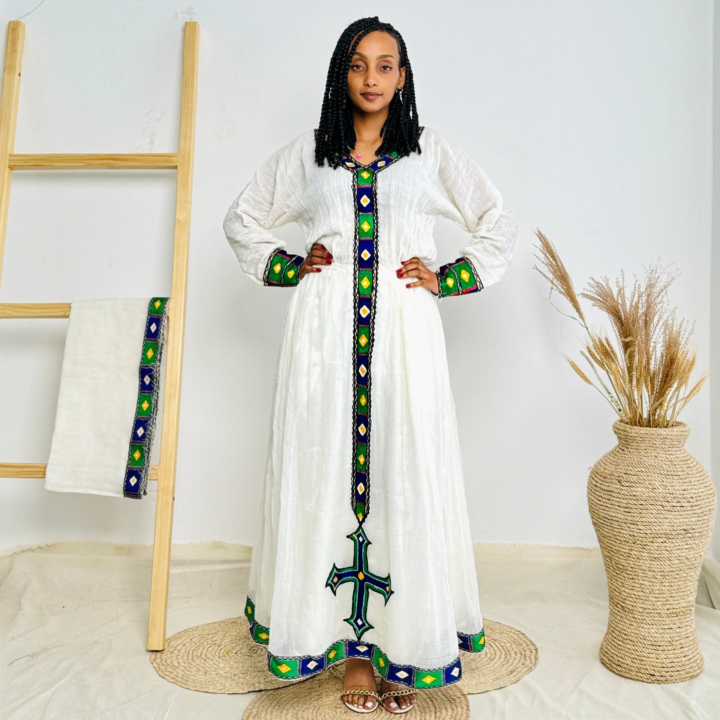 Blue and Green Habesha Dress Small Patterns Ethiopian Dress Hab02