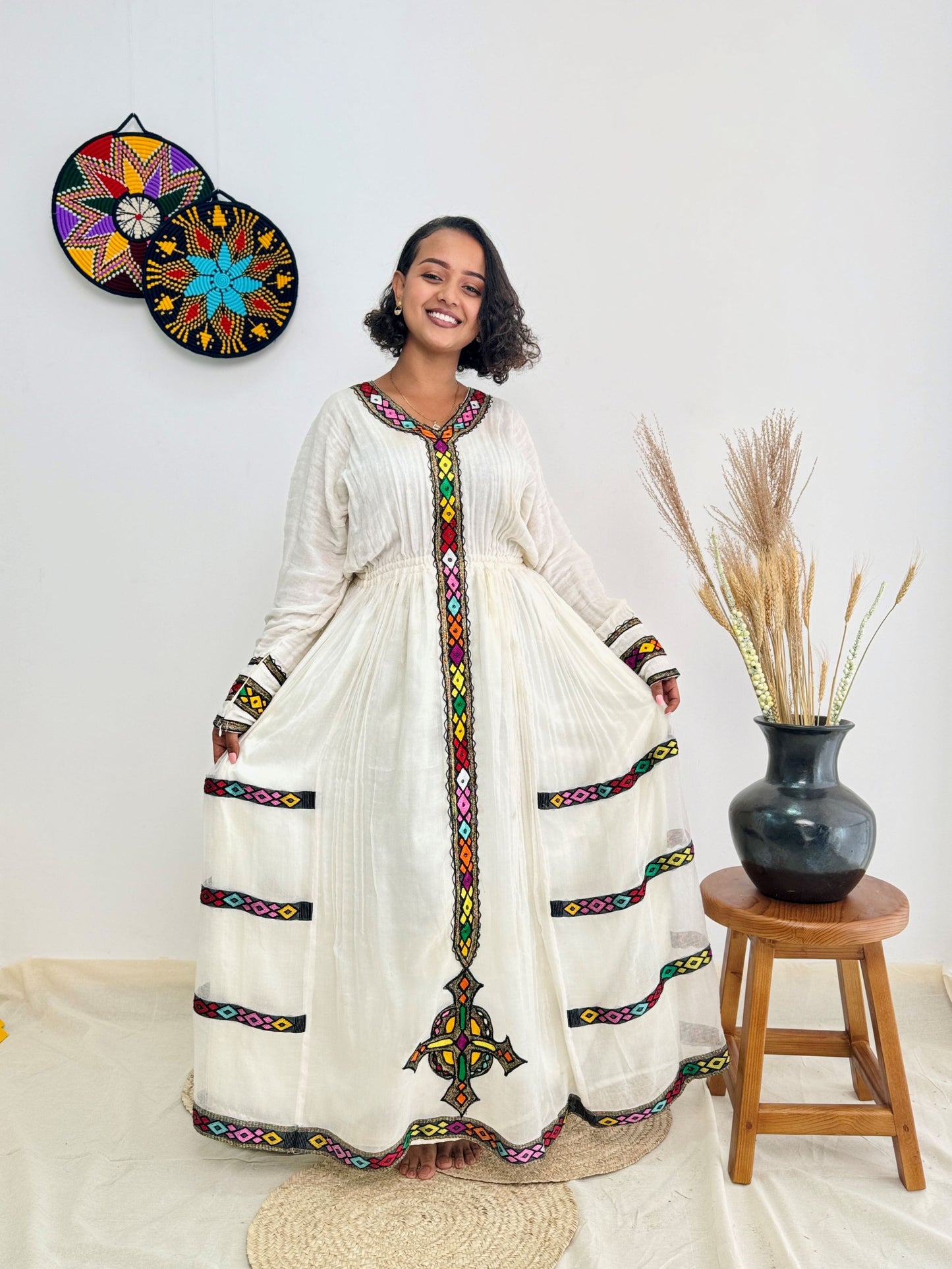 Habesha Dress | Colorful Diamond Embroidery on White Cotton | Traditional Ethiopian Kemis | Handmade Women’s Dress Hab159