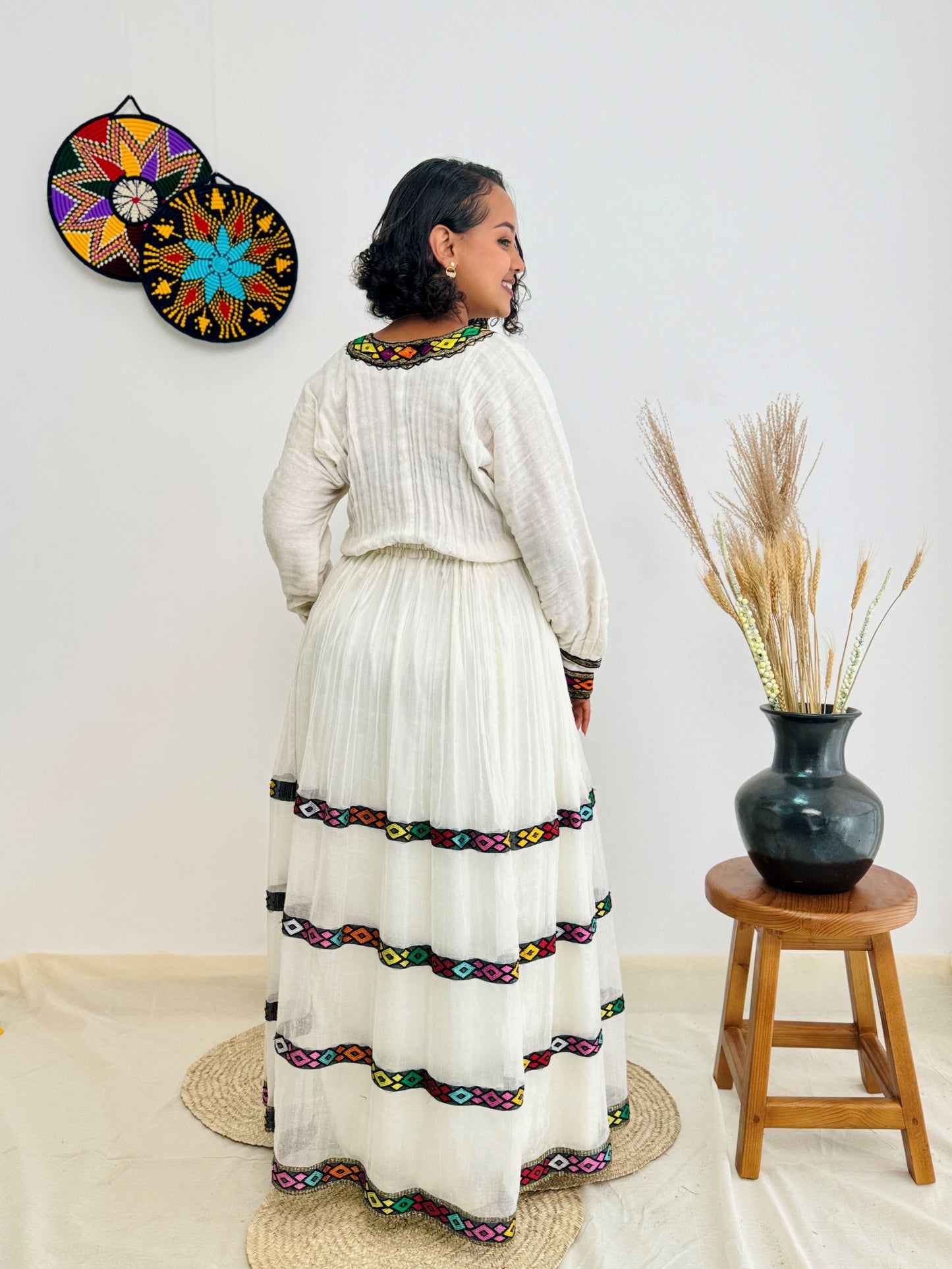 Habesha Dress | Colorful Diamond Embroidery on White Cotton | Traditional Ethiopian Kemis | Handmade Women’s Dress Hab159