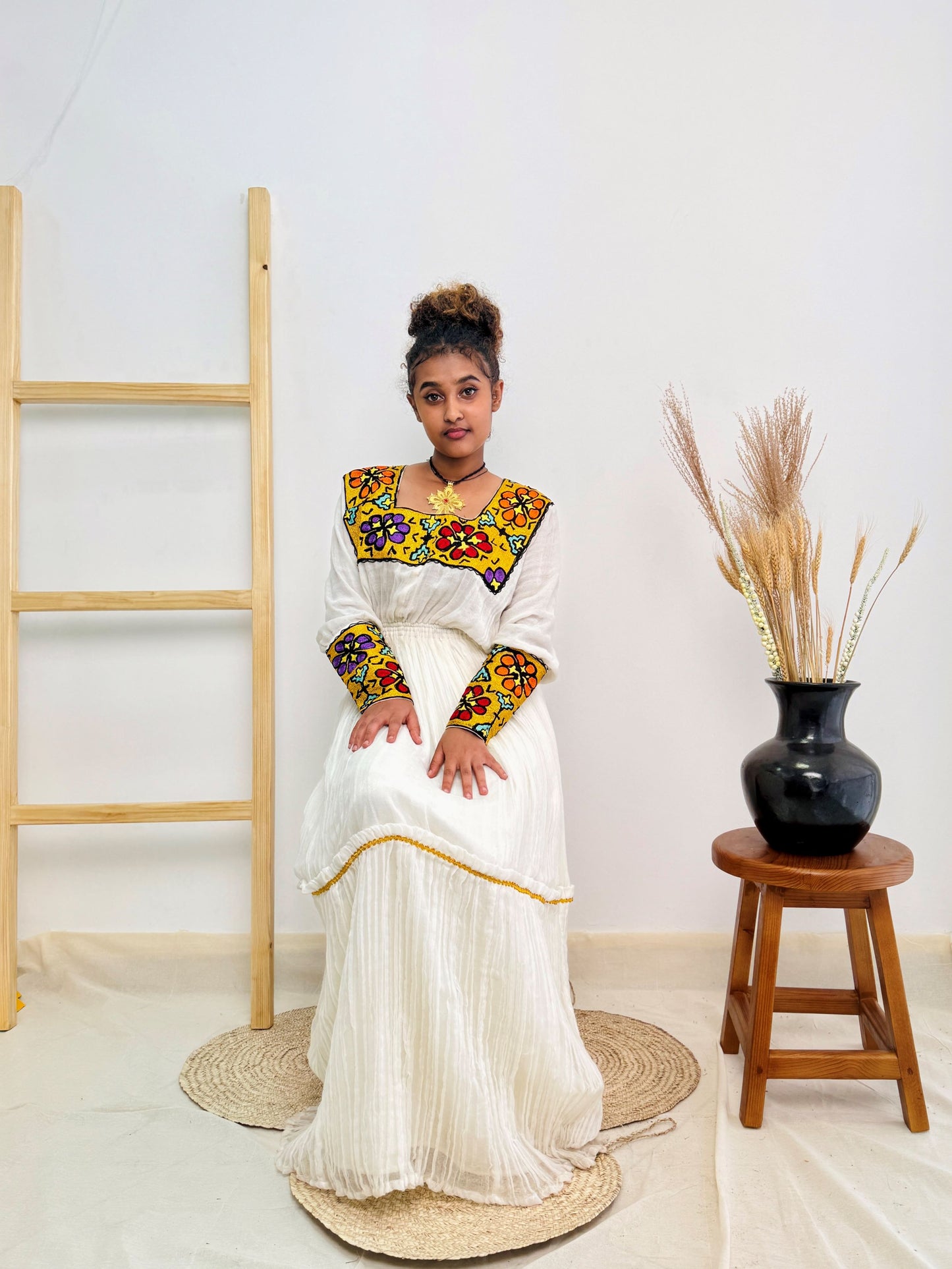 Elegant Handwoven Habesha Kemis Dress for Women | Traditional Ethiopian Cultural Outfit | Bold Floral Embroidery & Square Neckline Hab224