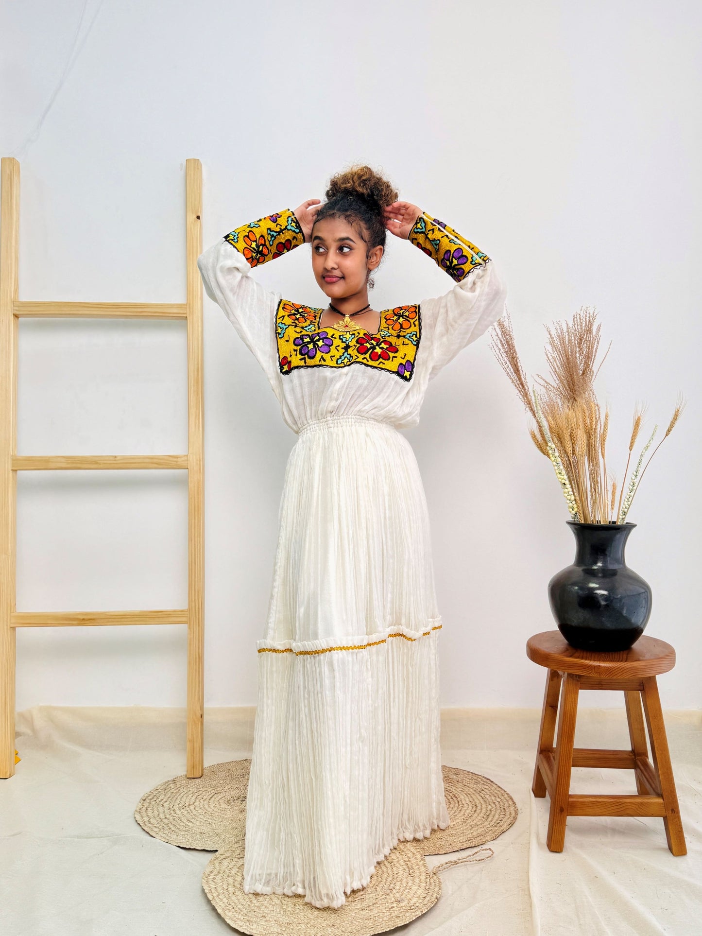 Elegant Handwoven Habesha Kemis Dress for Women | Traditional Ethiopian Cultural Outfit | Bold Floral Embroidery & Square Neckline Hab224