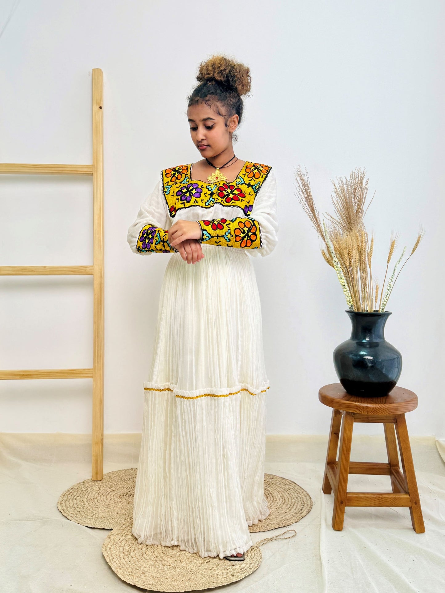 Elegant Handwoven Habesha Kemis Dress for Women | Traditional Ethiopian Cultural Outfit | Bold Floral Embroidery & Square Neckline Hab224