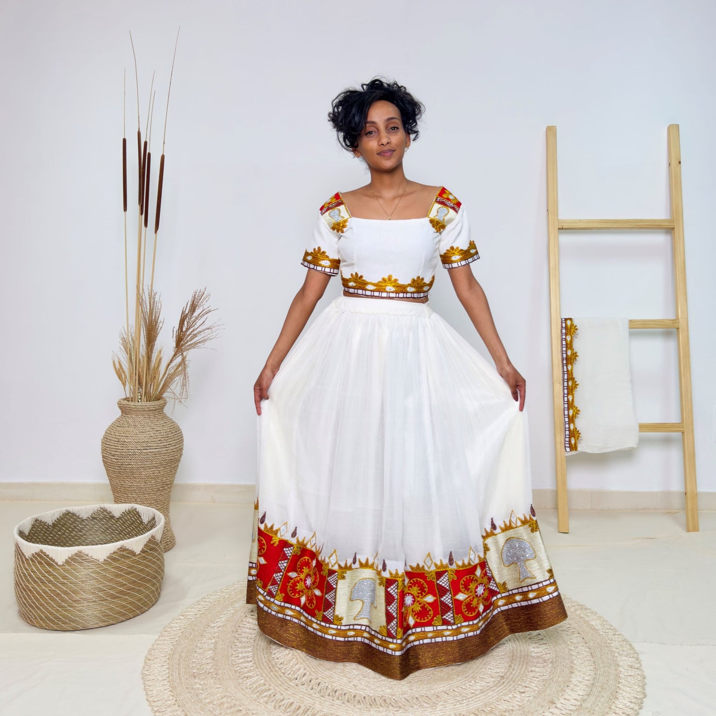 Bold & Colorful Ethiopian Dress | Modern Oromo Dress Handwoven Habesha Kemis with Royal Red & Gold Tibeb Hab179