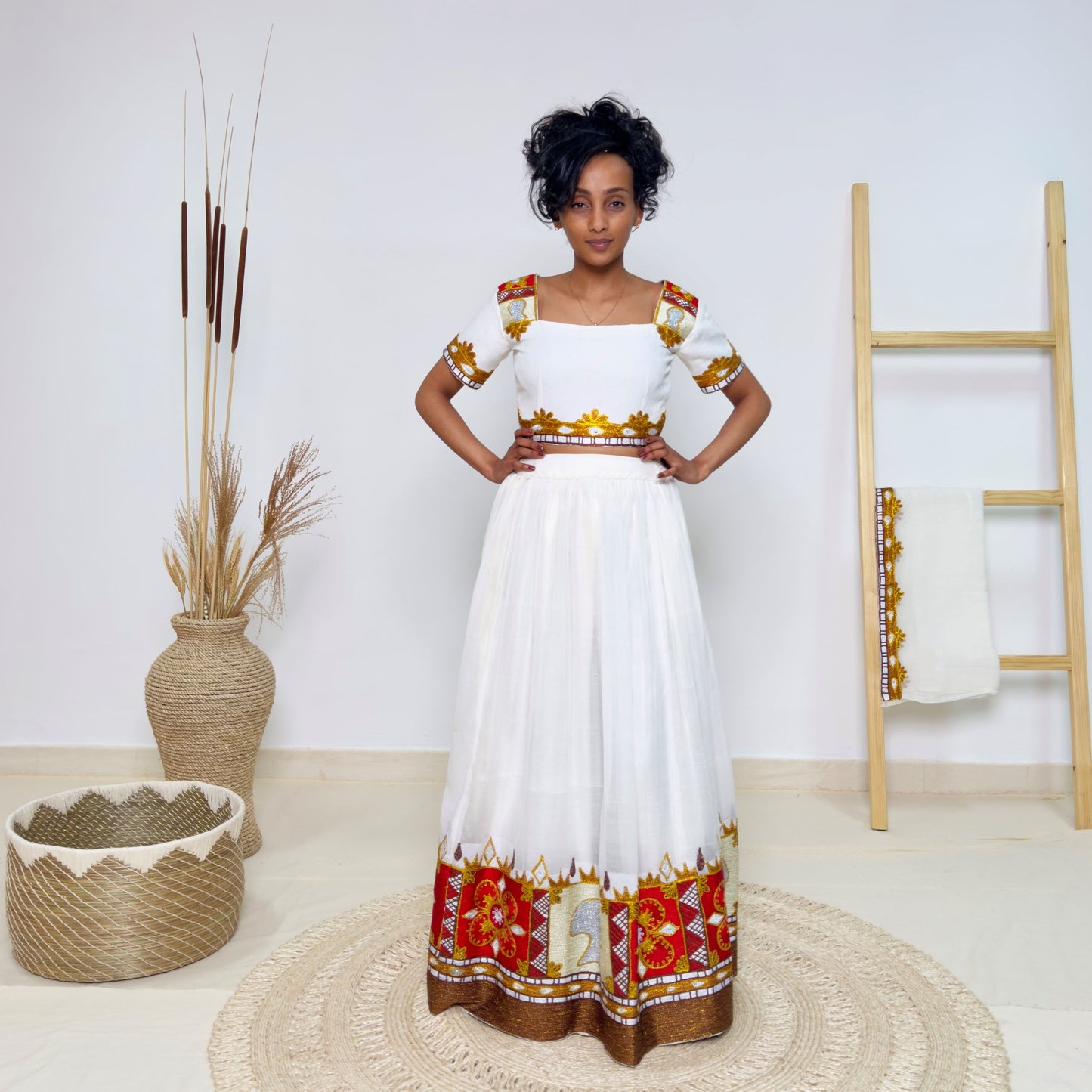 Bold & Colorful Ethiopian Dress | Modern Oromo Dress Handwoven Habesha Kemis with Royal Red & Gold Tibeb Hab179